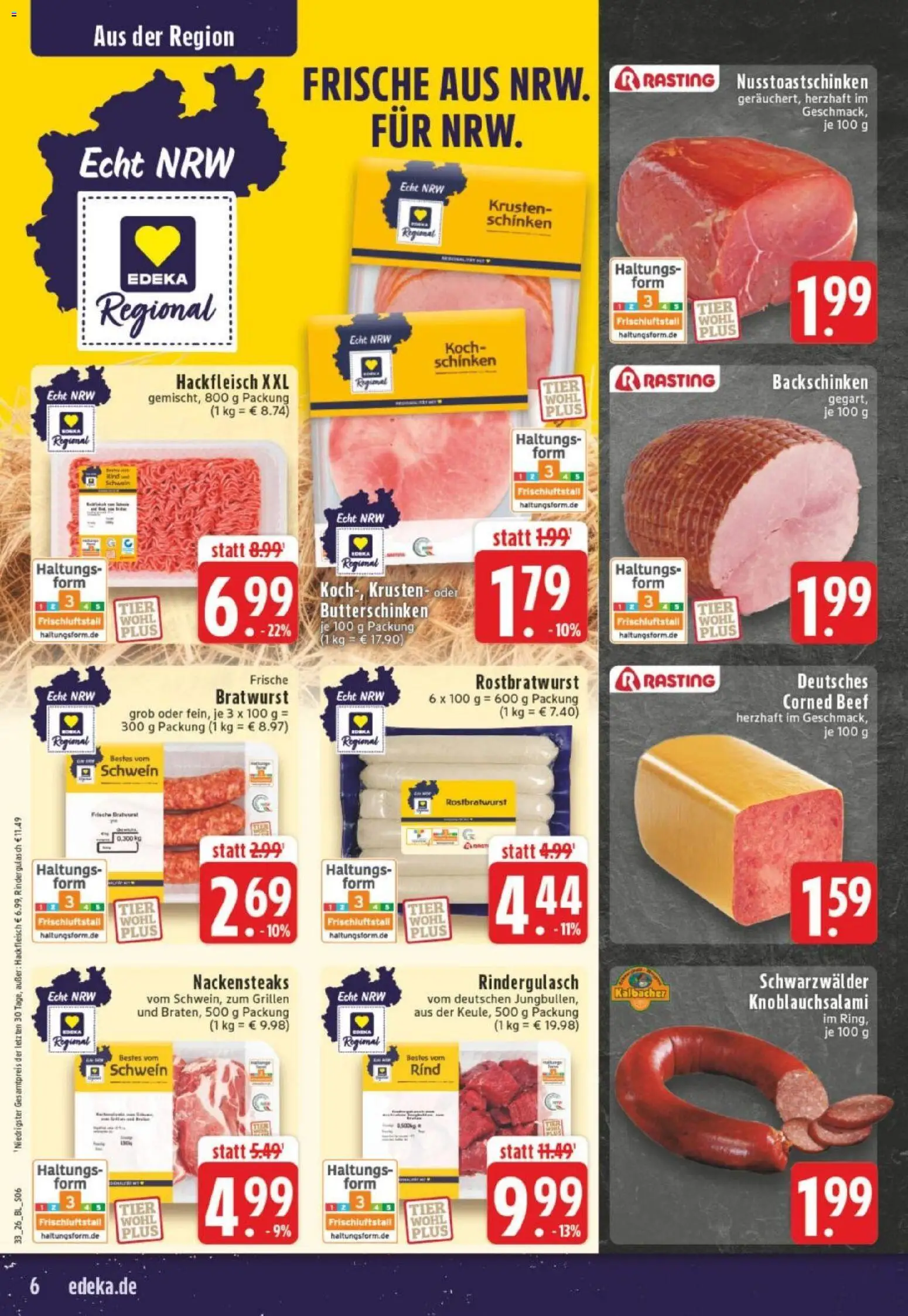 Edeka Prospekt Dortmund – gültig ab 10.08.2026 | Seite: 6 | Produkte: Nackensteaks, Bratwurst, Schinken, Hackfleisch