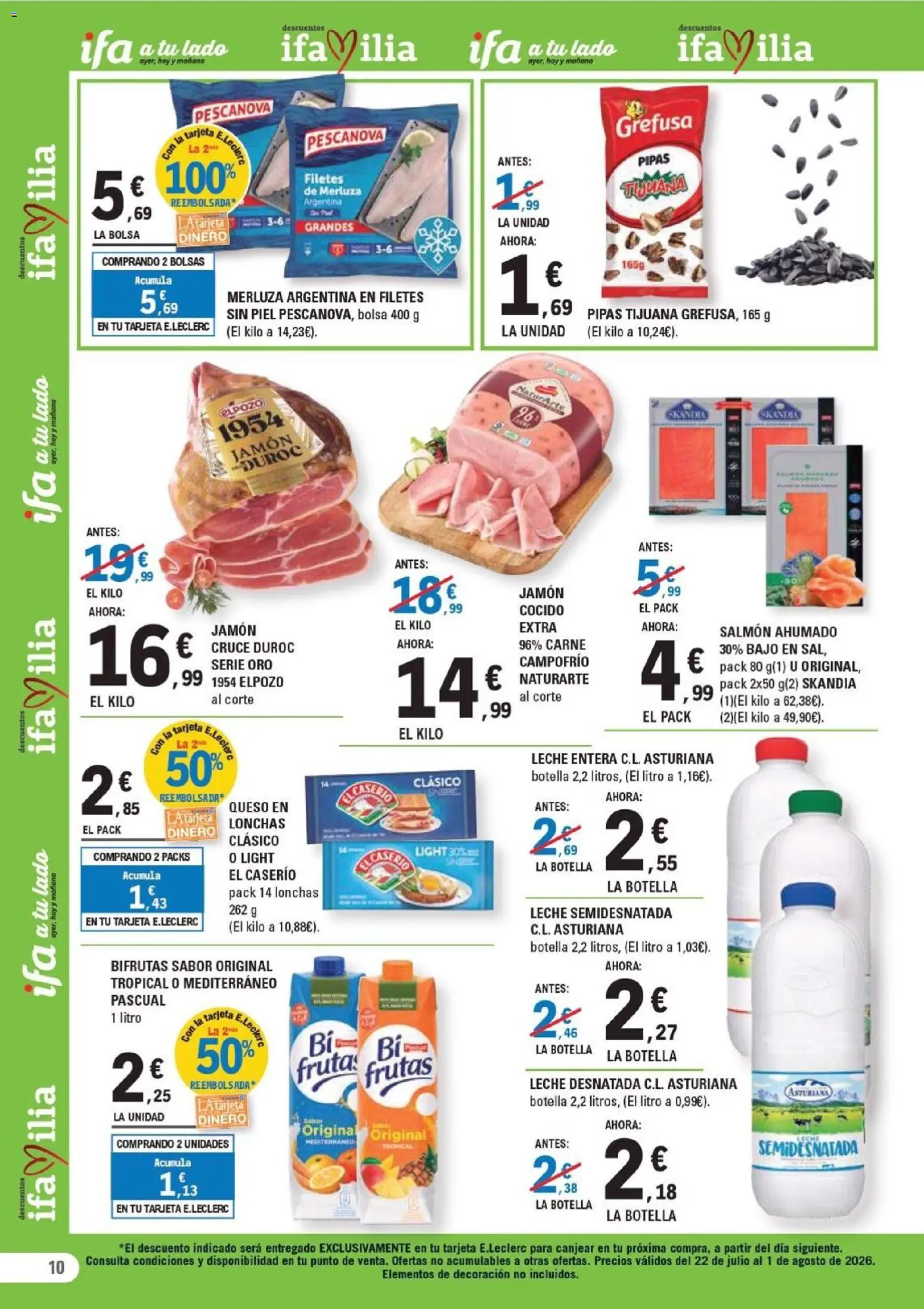 E.Leclerc folleto León │ válido desde el 22/07/2026 | Página: 10 | Productos: Queso, Jamón, Filetes de merluza, Salmón ahumado