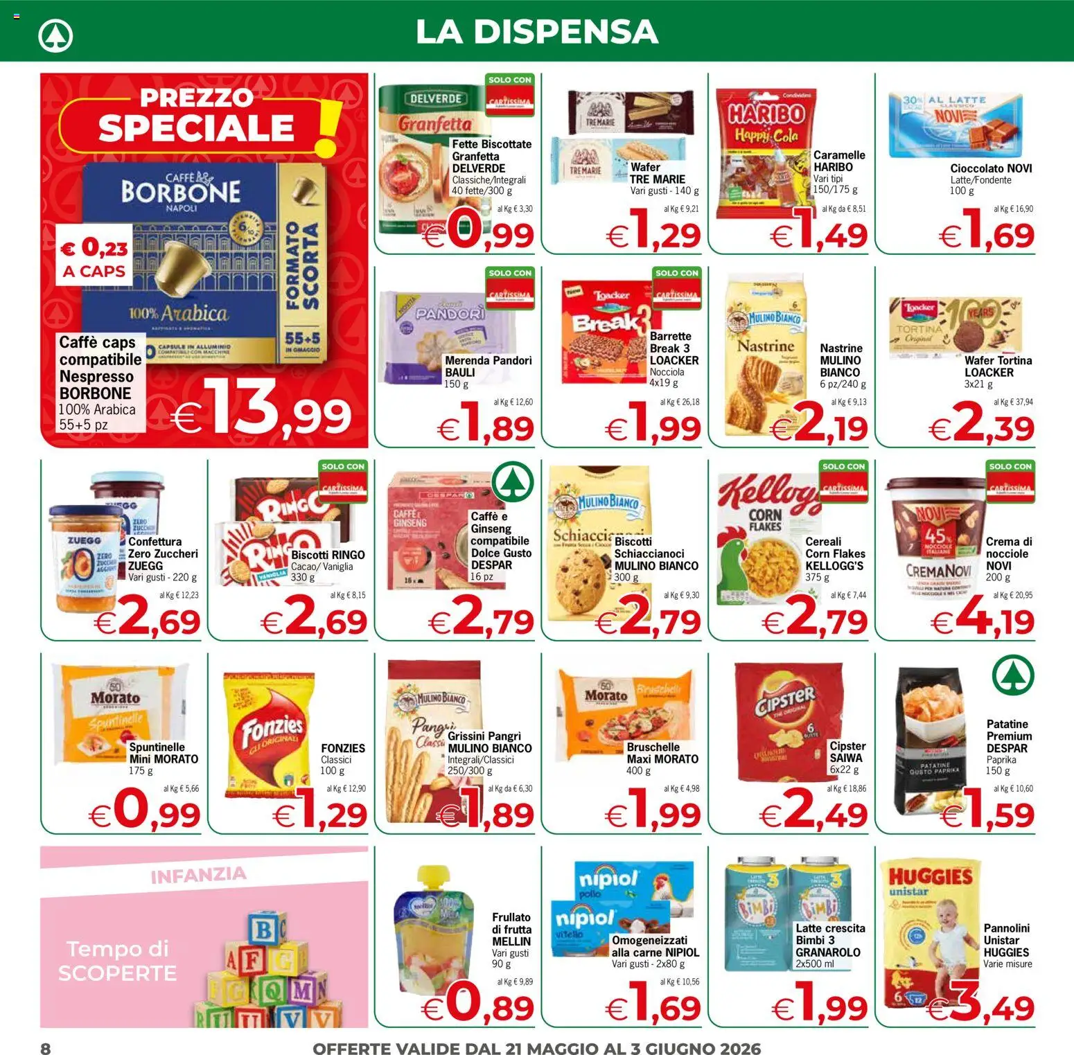 Volantino Despar del 21.05.2026 | Pagina: 8 | Prodotti: Crema, Pannolini, Caffè, Vitello