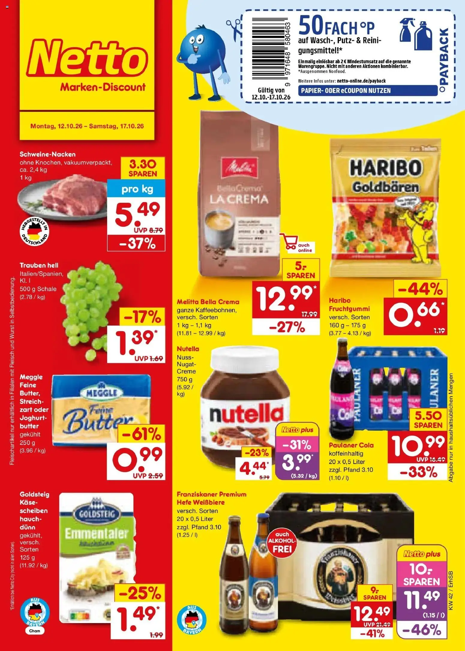 Netto Marken-Discount Prospekt München (ab 12.10.2026) » Angebote | Seite: 1 | Produkte: Franziskaner, Cola, Schweinenacken, Fleisch