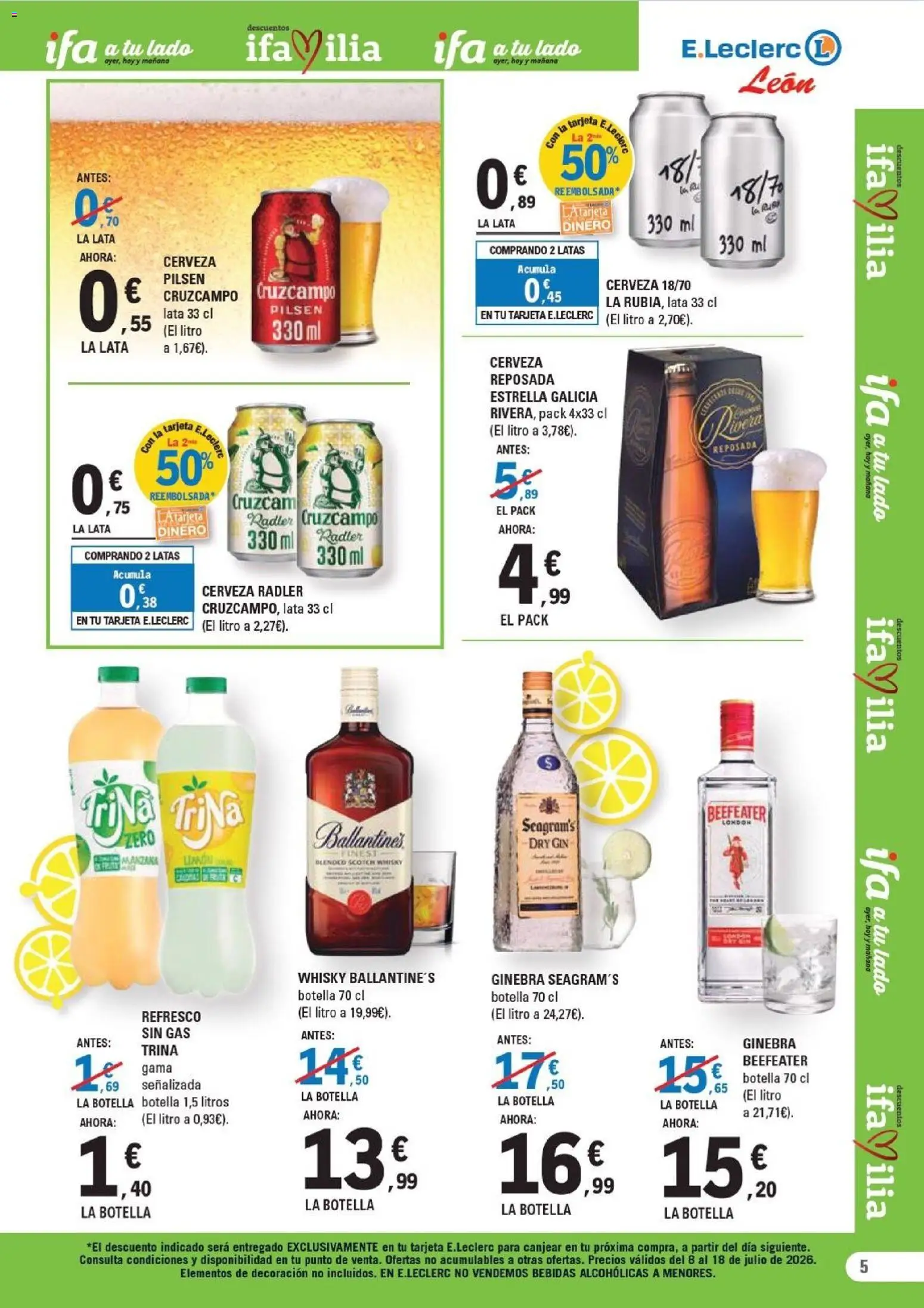 E.Leclerc folleto León │ válido desde el 08/07/2026 | Página: 5 | Productos: Cerveza, Ginebra, Manzana, Whisky