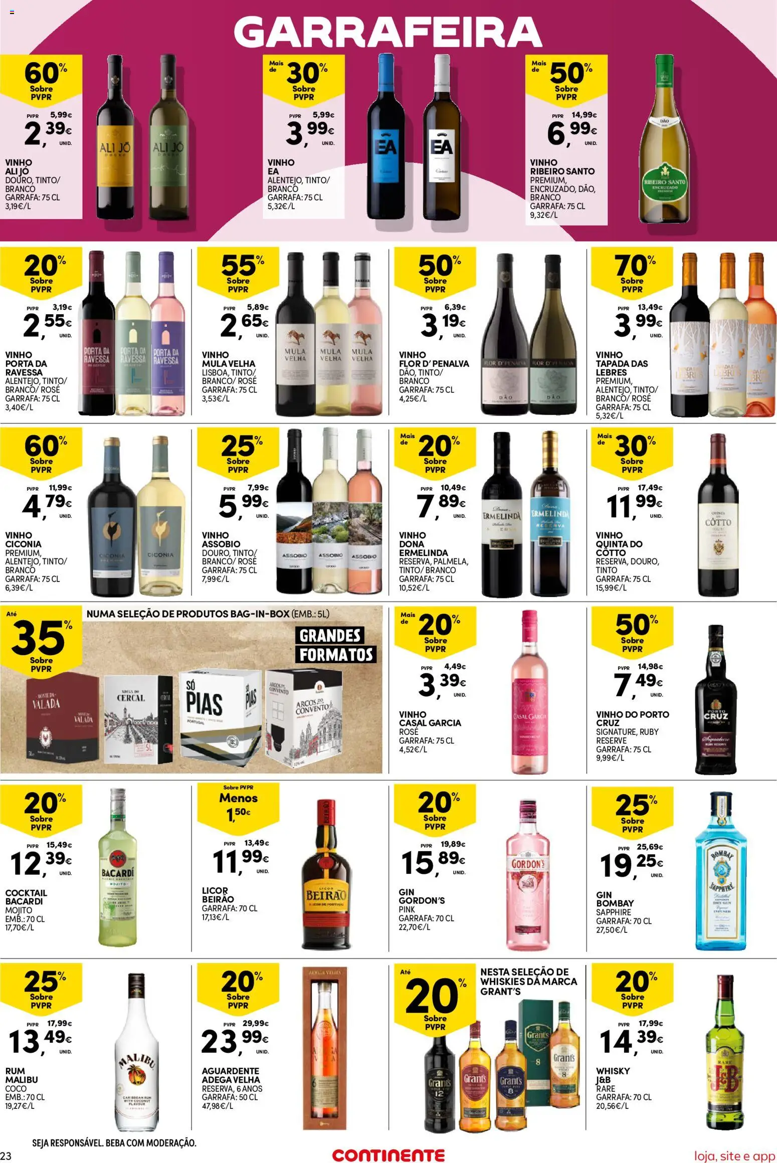 Continente Semanal Continente Bom Dia │ válido de 21.04.2026 | Página: 23 | Produtos: Whisky, Rum, Licor, Gin
