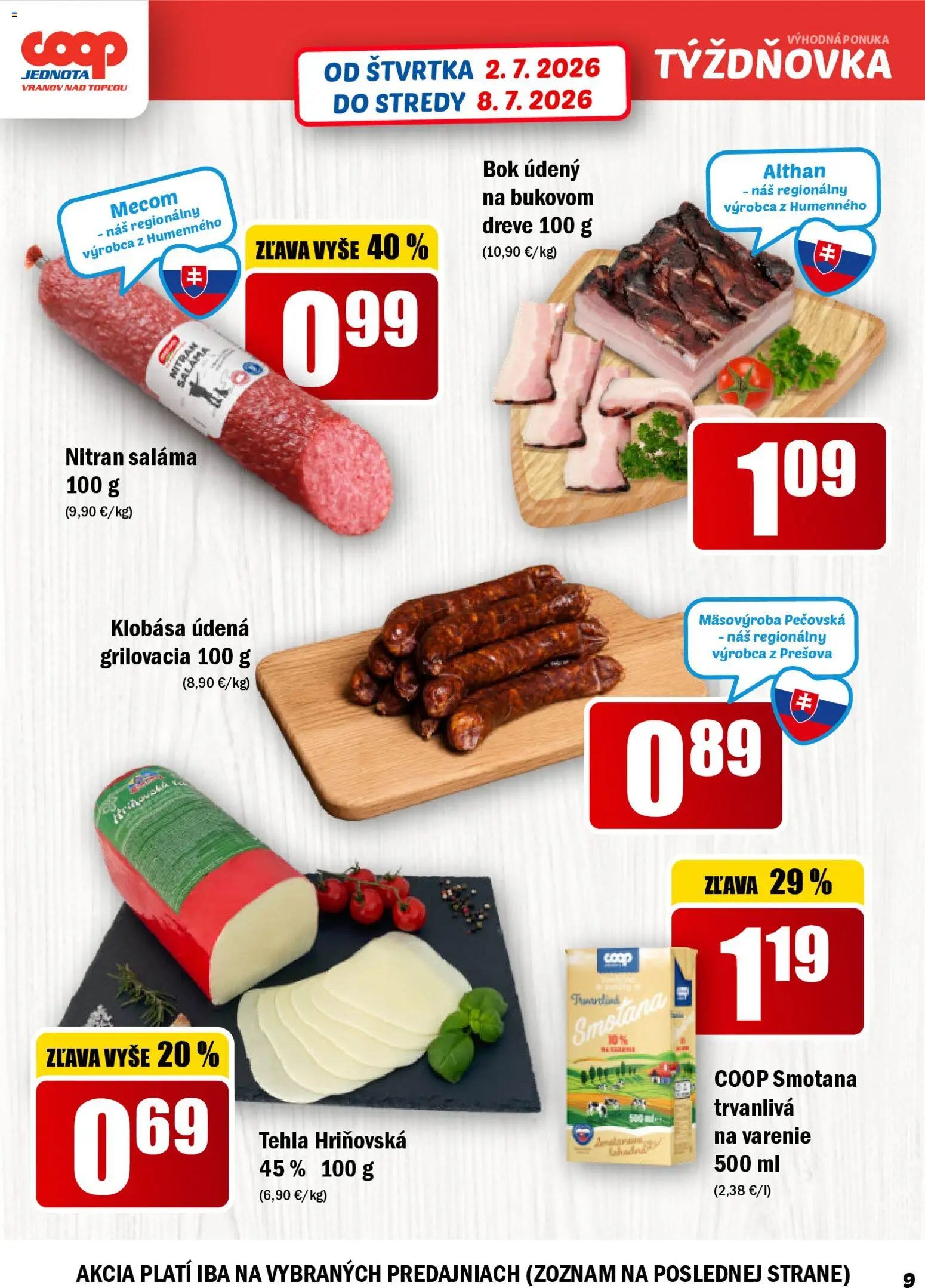 Nové COOP Jednota akcie – leták je platný od 02.07.2026 | Strana: 9 | Produkty: Saláma, Klobása, Smotana