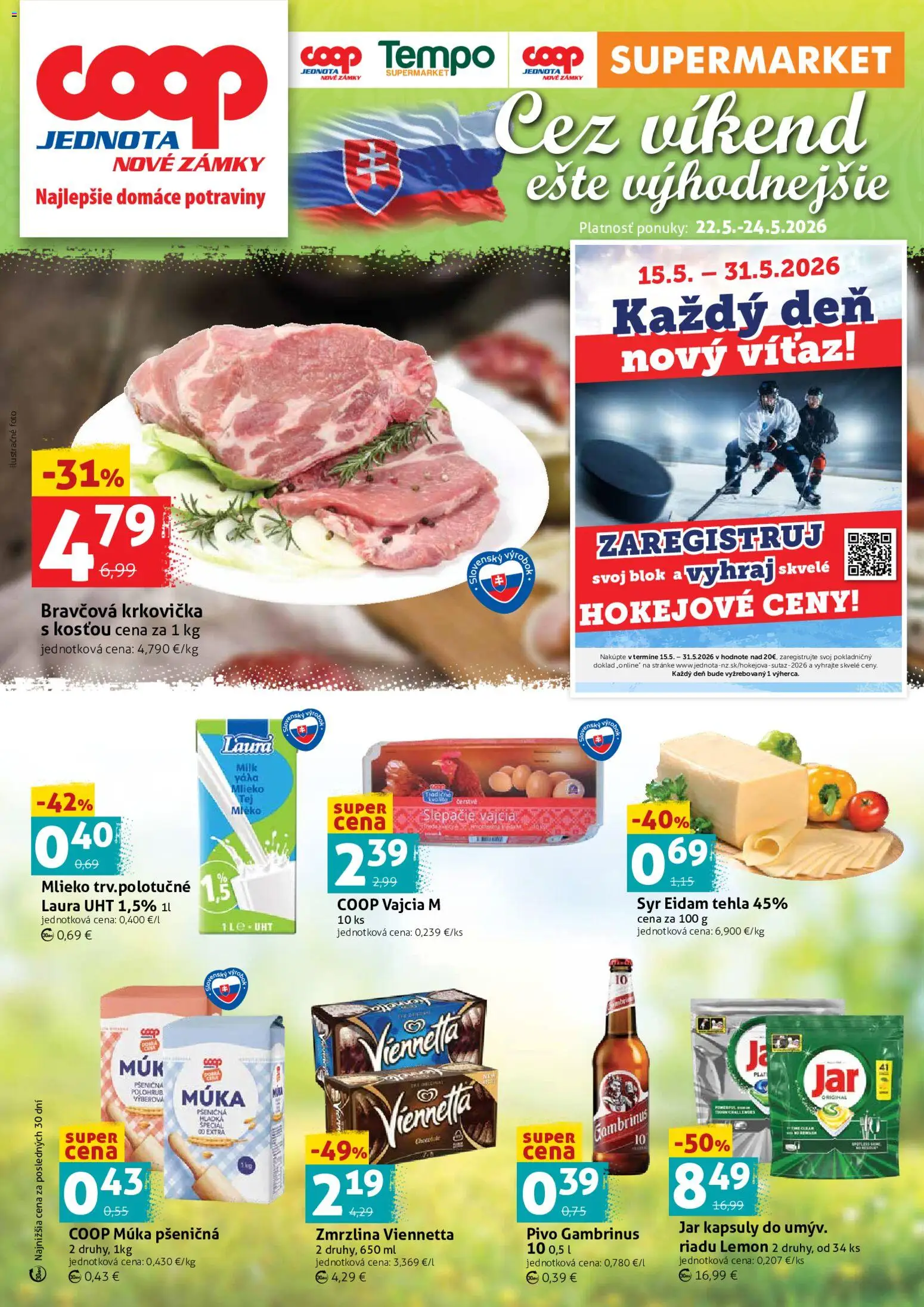 Nové COOP Jednota akcie – leták je platný od 22.05.2026 | Strana: 1 | Produkty: Mlieko, Syr, Zmrzlina, Múka