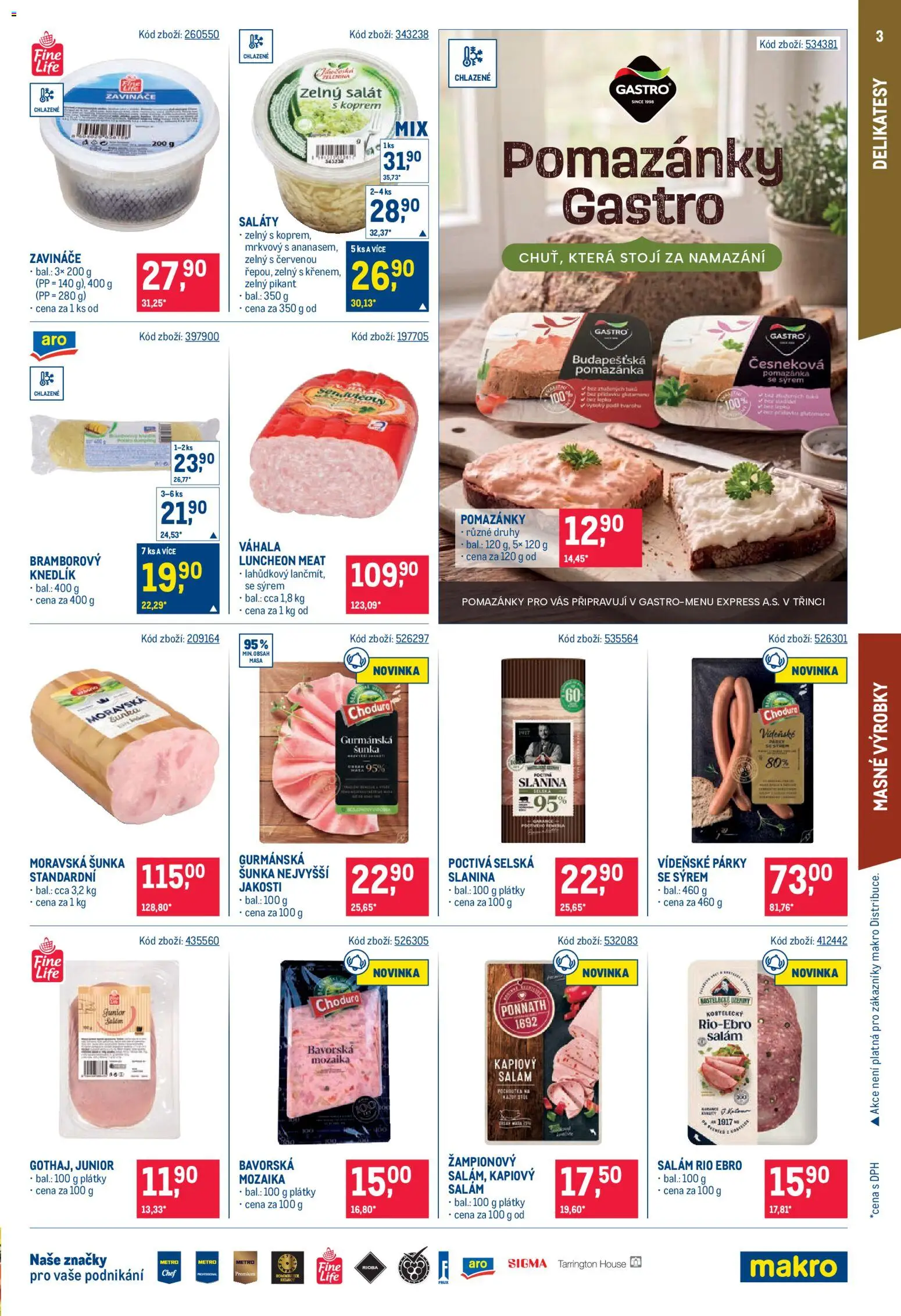 Makro leták - Maloobchod od 07.10.2026 | Strana: 3 | Produkty: Luncheon meat, Saláty, Párky, Slanina