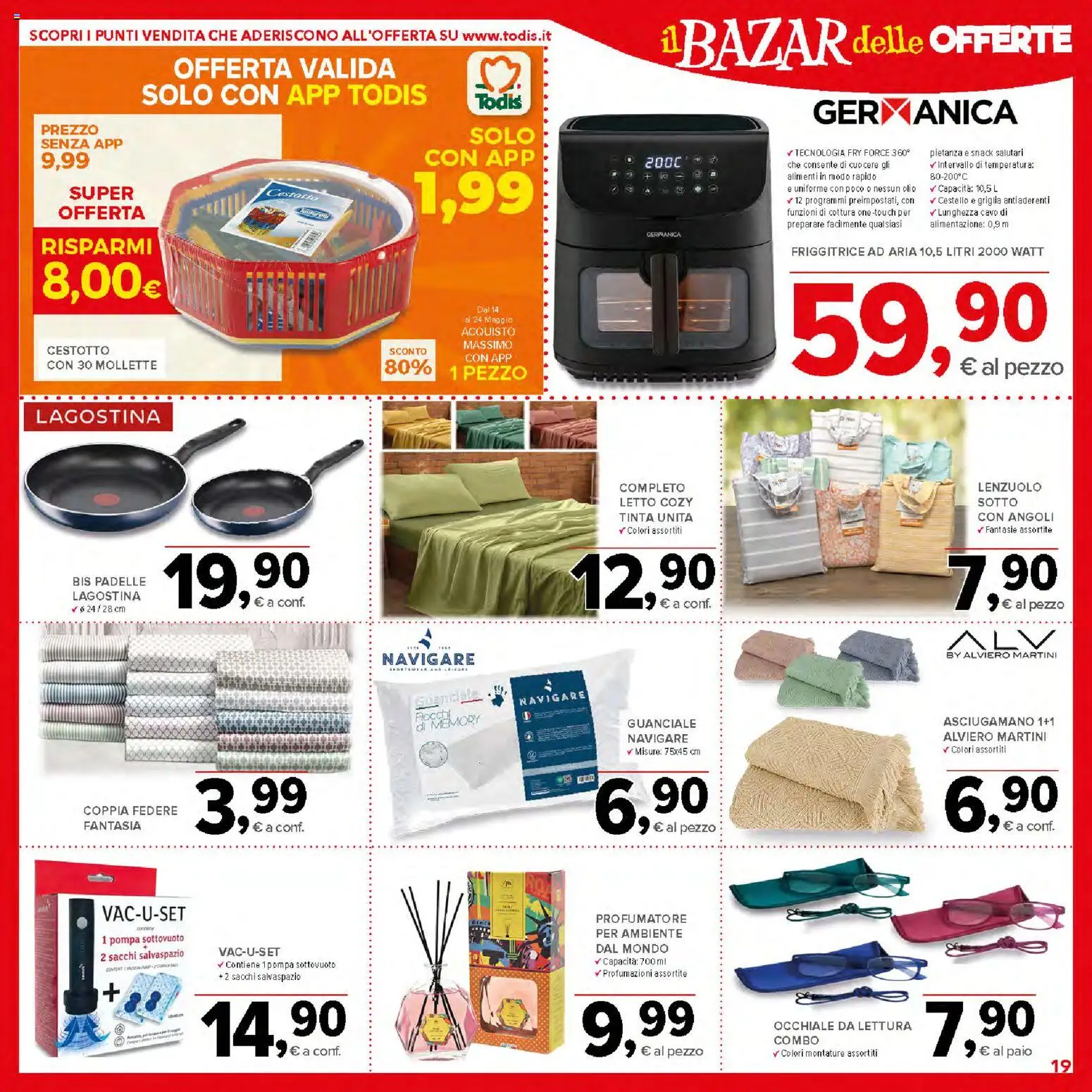 Volantino Todis del 14.05.2026 | Pagina: 19 | Prodotti: Friggitrice ad aria, Cavo, Asciugamano, Guanciale