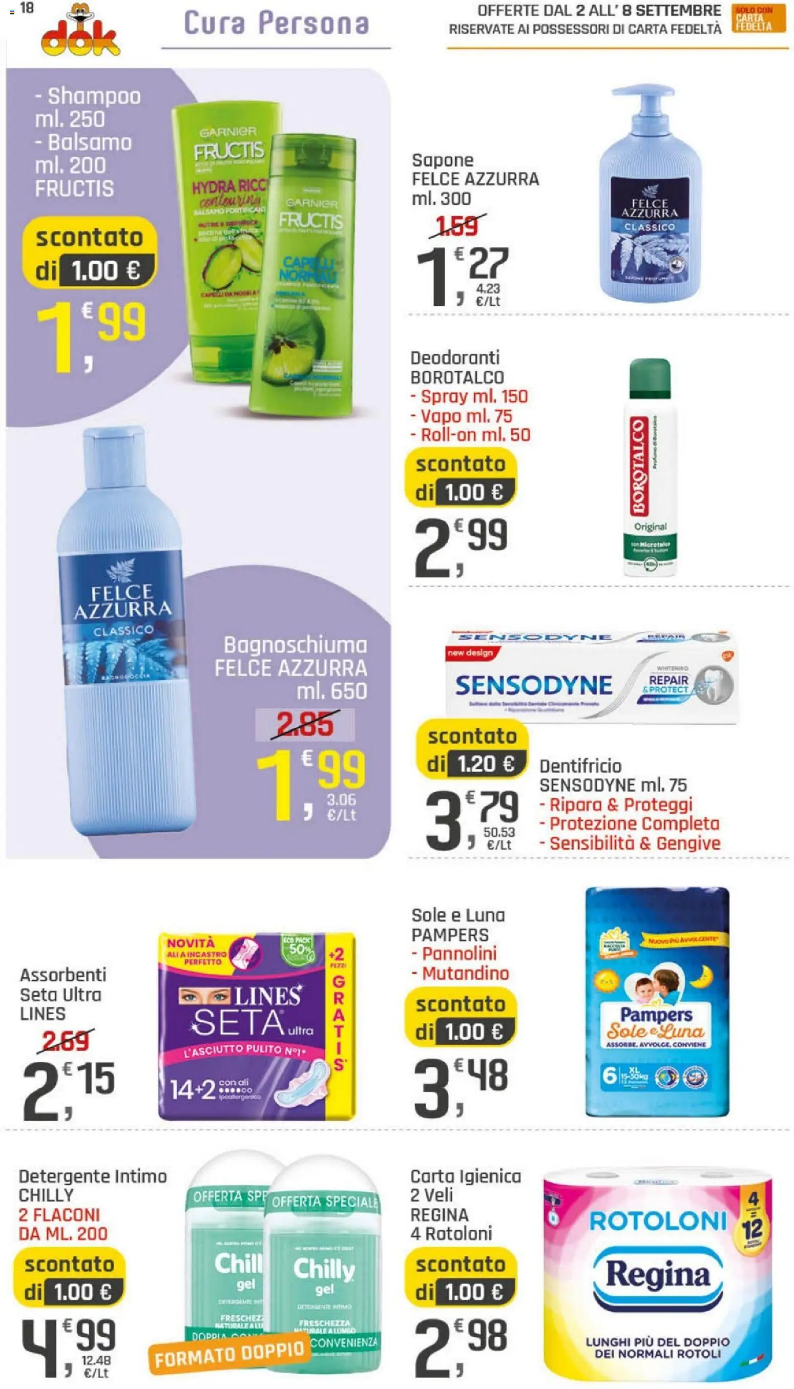 Volantino DOK del 02/09/2026 | Pagina: 18 | Prodotti: Pannolini, Detergente, Pampers, Assorbenti