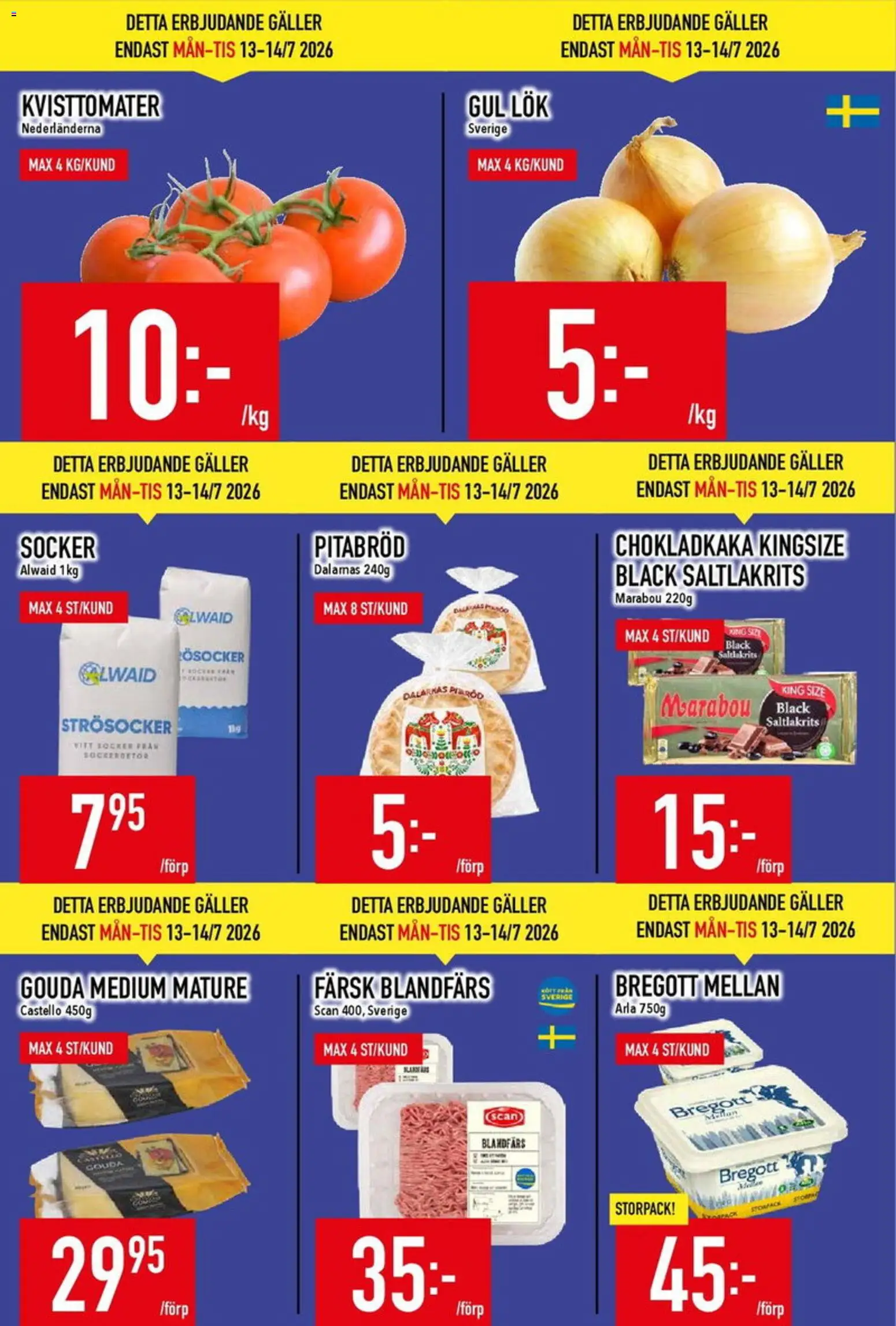 Matdax reklamblad aktuell från 20/07/2026 | Sida: 2 | Produkter: Galler, Bregott, Pitabröd, Gul lök