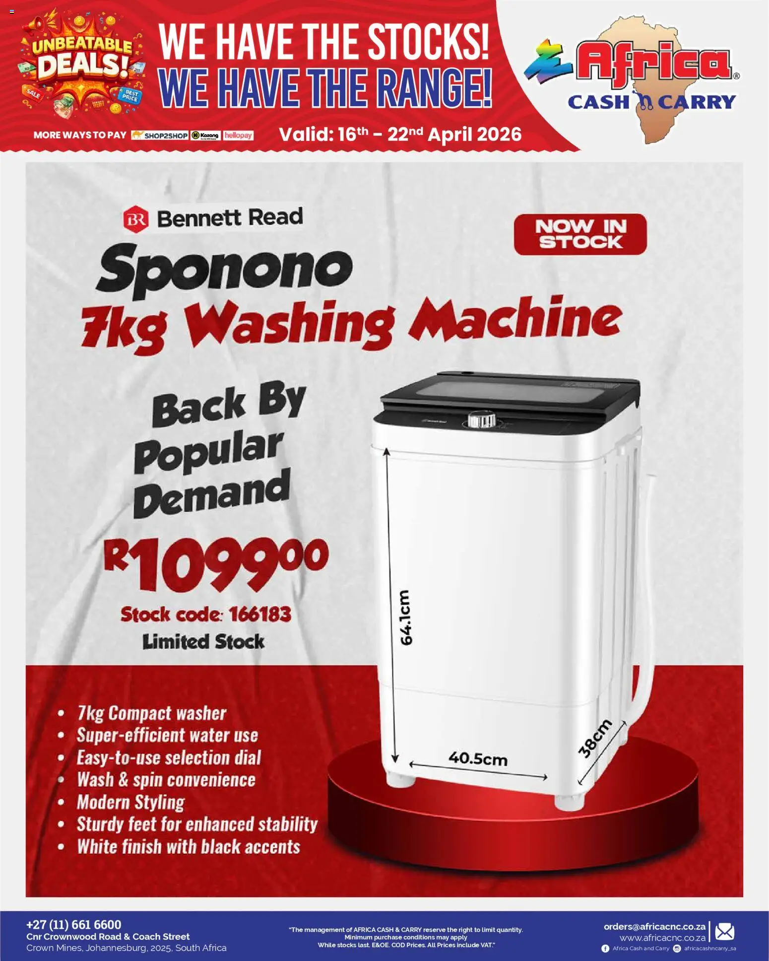 New Africa Cash & Carry catalogue – valid from 16.04.2026 | Page: 49 | Products: Washing machine, Stock, Water