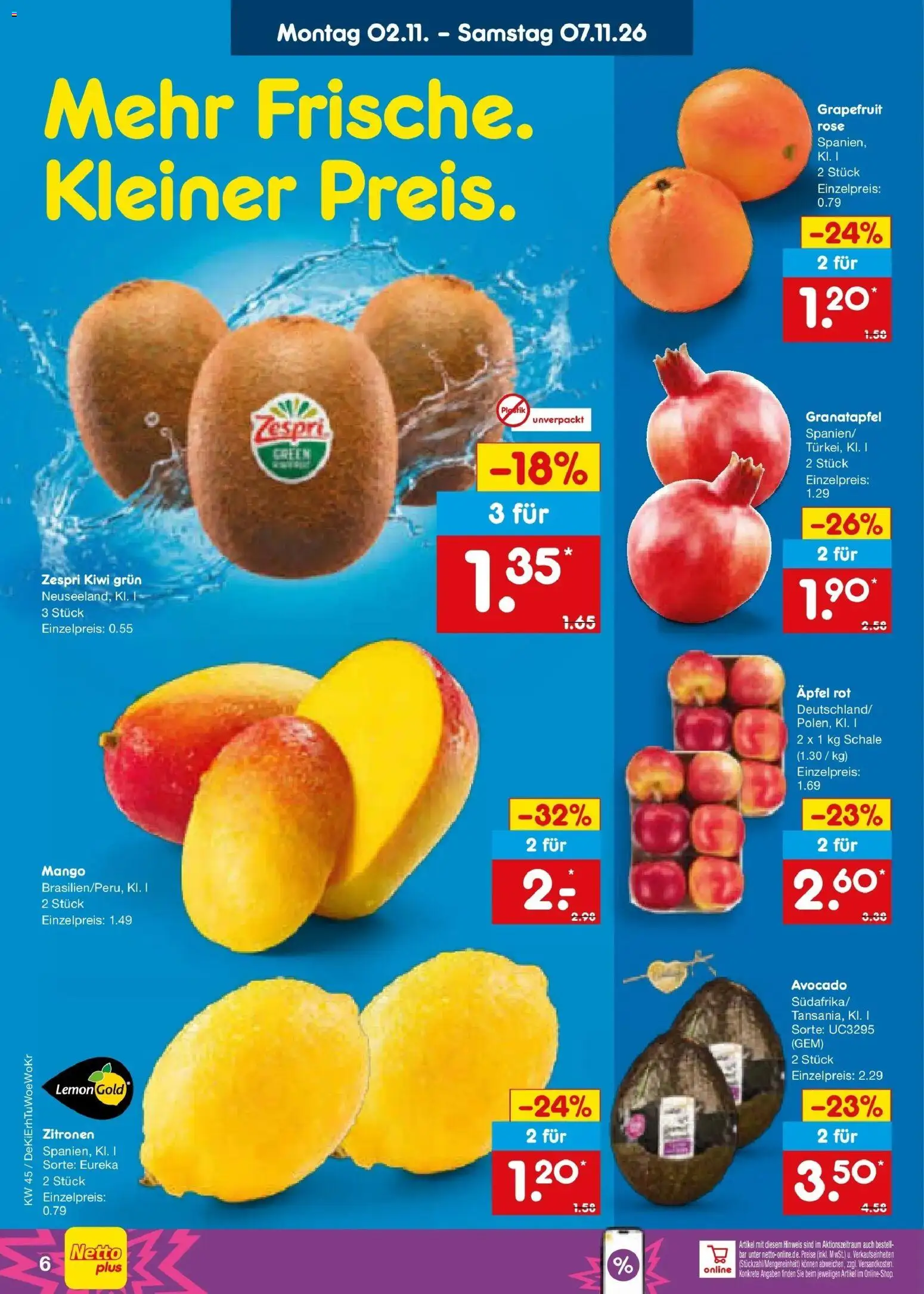 Netto Marken-Discount Prospekt Waiblingen-Bittenfeld (ab 02.11.2026) » Angebote | Seite: 10 | Produkte: Granatapfel, Grapefruit, Mango, Kiwi