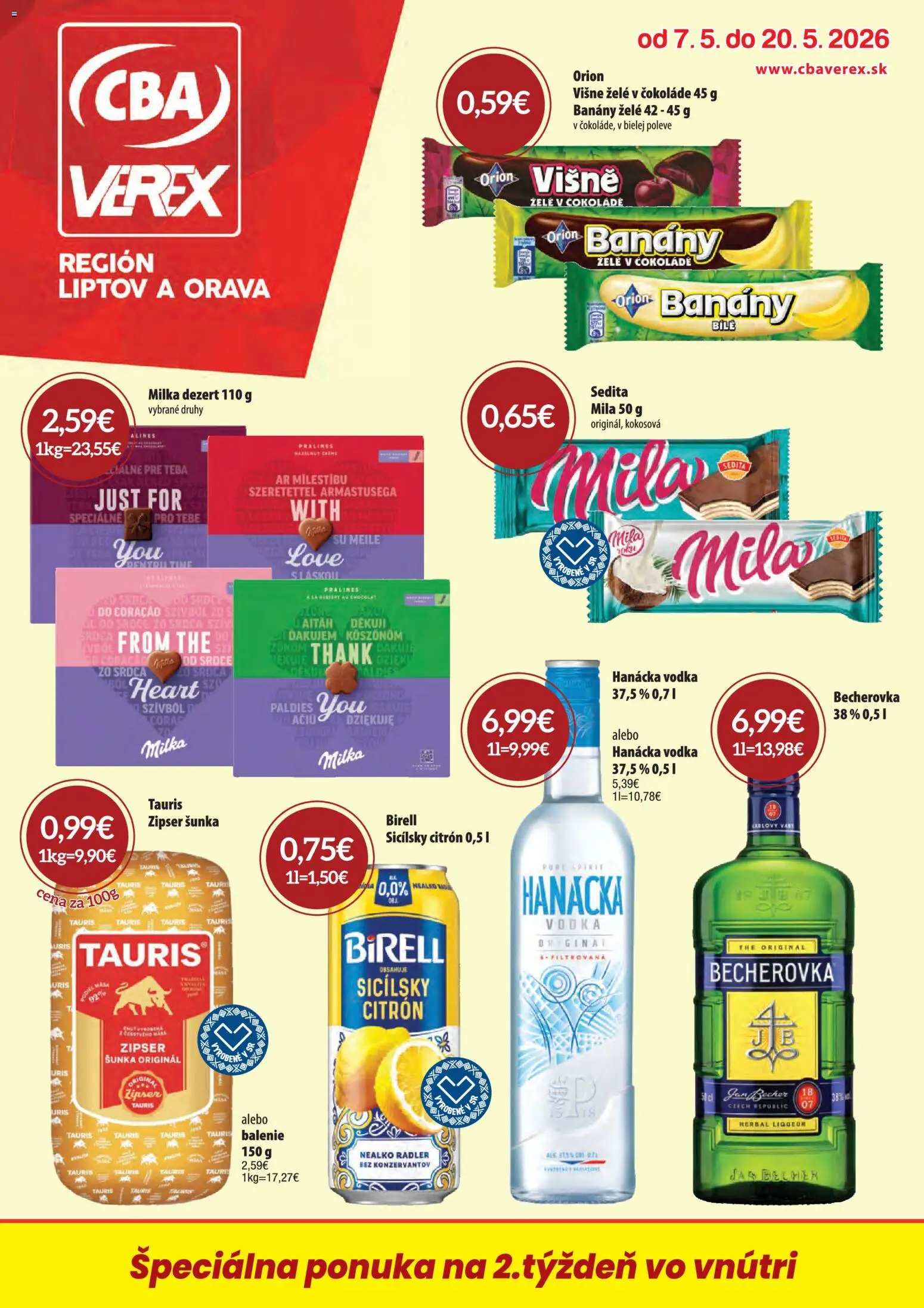 Nové CBA Verex akcie – leták je platný od 07.05.2026 | Strana: 1 | Produkty: Becherovka, Šunka, Birell, Višne