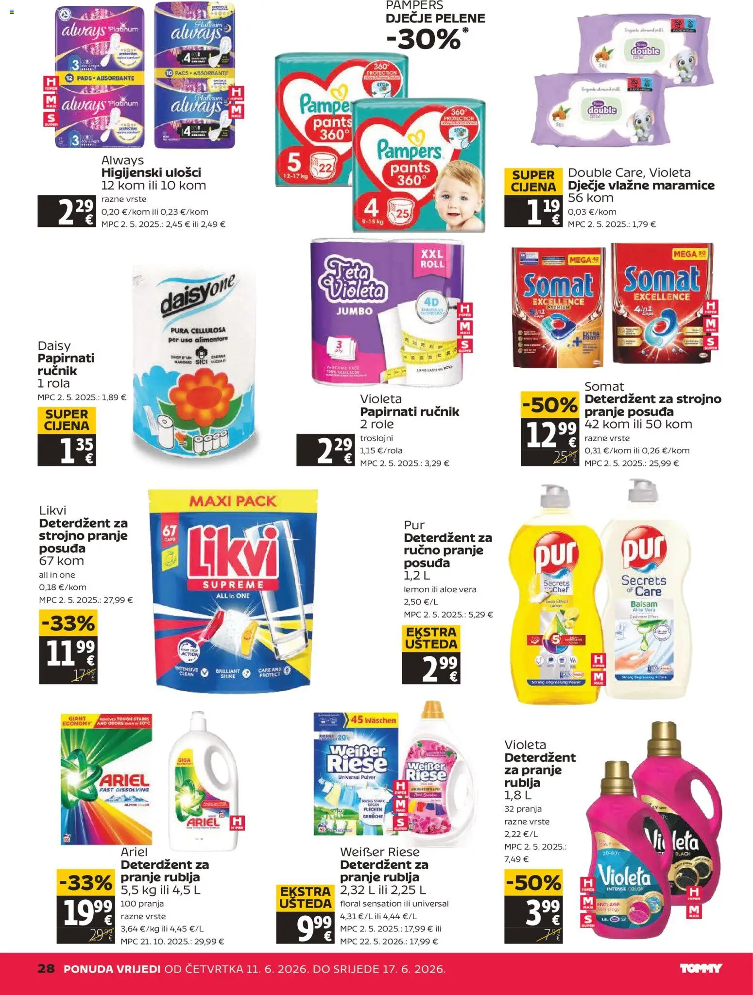 Tommy katalog | vrijedi od 11.06.2026 | Stranica: 28 | Proizvodi: Vlažne maramice, Violeta, Ariel, Weisser Riese