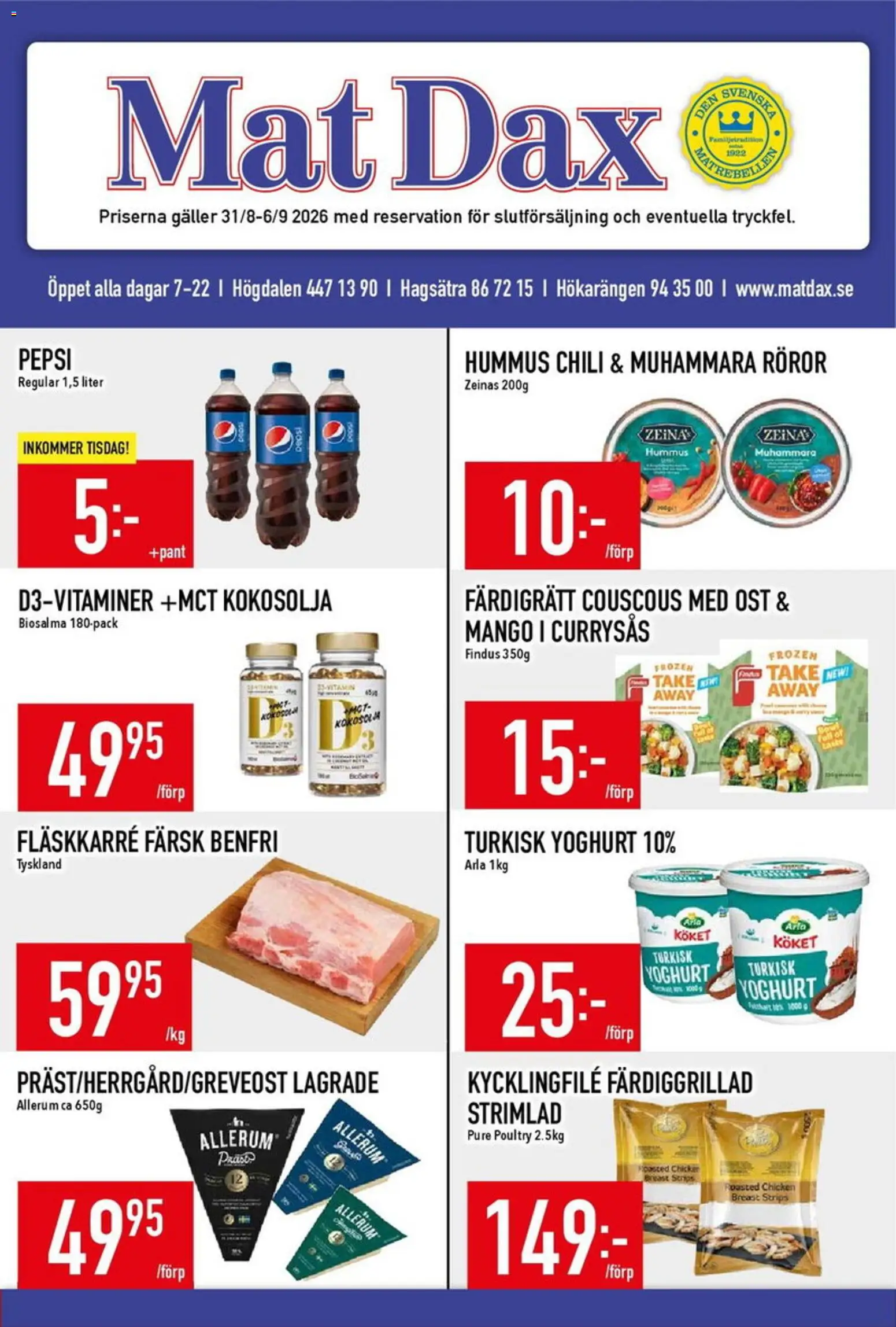 Matdax reklamblad aktuell från 31/08/2026 | Sida: 1 | Produkter: Hummus, Yoghurt, Chili, Mango