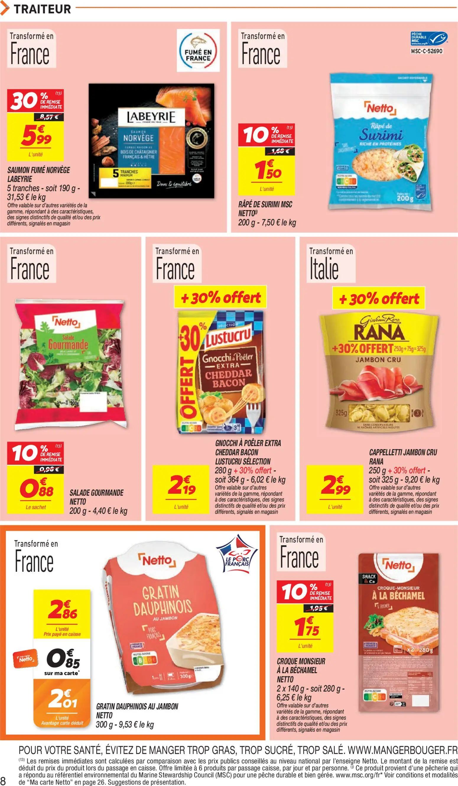 {H1} | Page: 8 | Produits: Gratin dauphinois, Saumon fumé, Surimi, Saumon