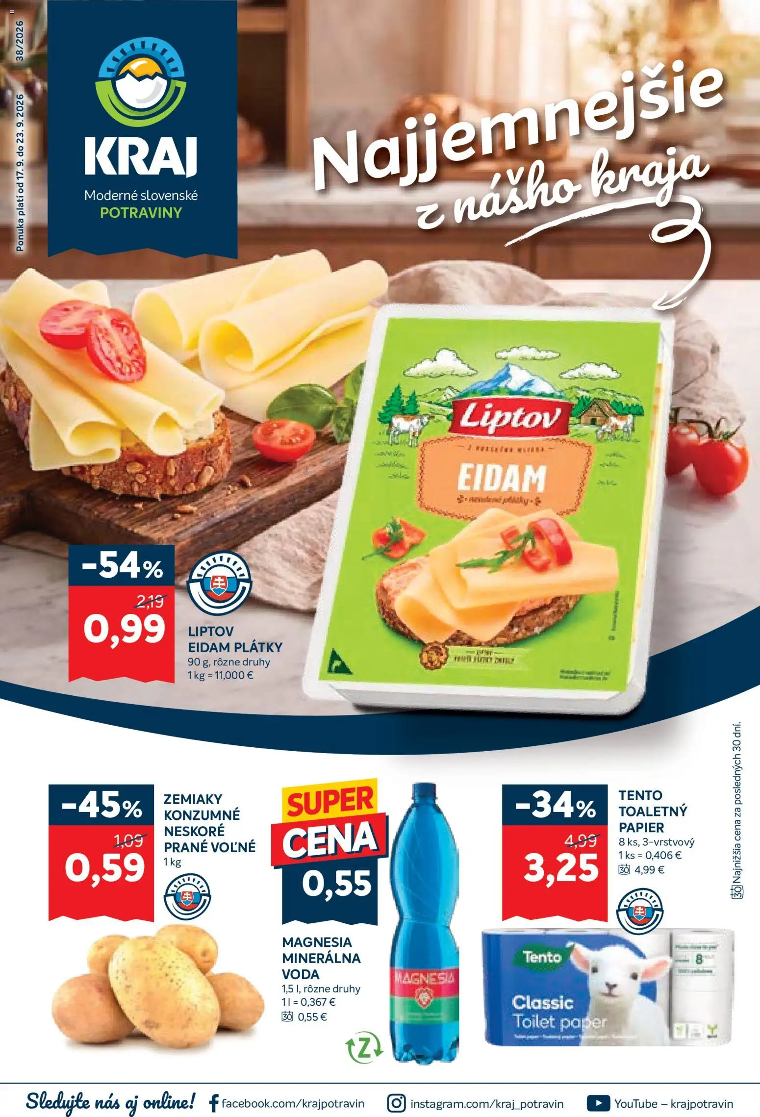 Nové Kraj akcie – leták je platný od 17.09.2026 | Strana: 1 | Produkty: Eidam, Magnesia, Zemiaky, Voda