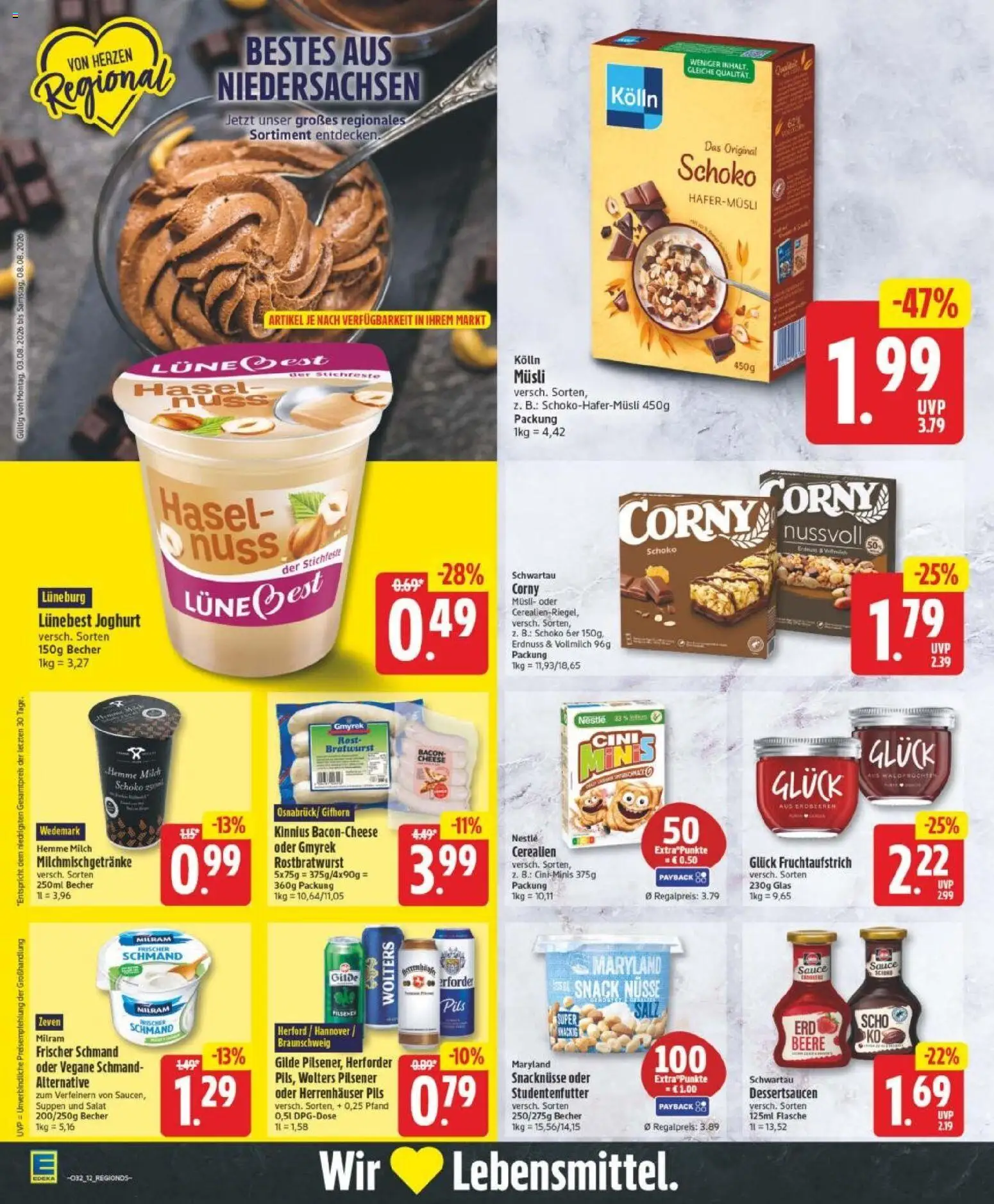 Edeka Prospekt Hannover – gültig ab 03.08.2026 | Seite: 12 | Produkte: Musli, Milch, Pils, Nüsse