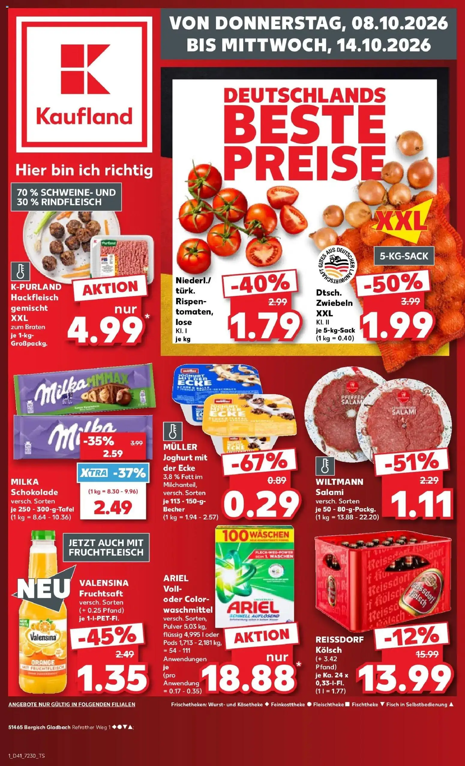 Prospekt Kaufland ab 08.10.2026 » Angebote Online zum Blättern | Seite: 1 | Produkte: Schokolade, Zwiebeln, Salami, Fruchtsaft
