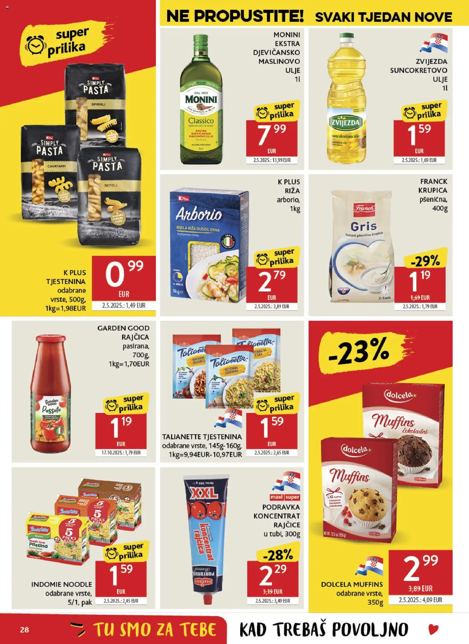 Konzum katalog | vrijedi od 27.05.2026 | Stranica: 28 | Proizvodi: Suncokretovo ulje, Piletina, Rajčice, Noodle