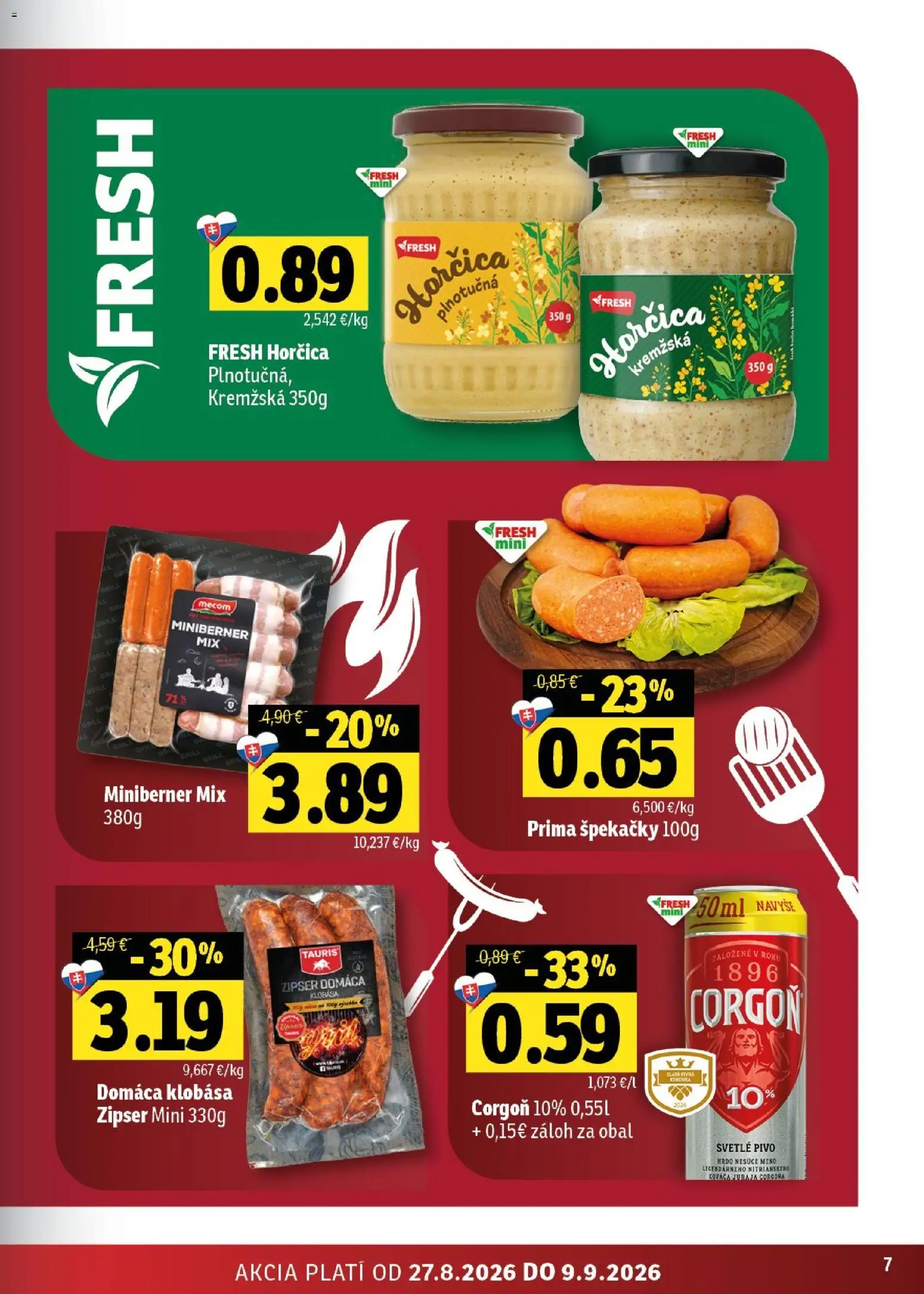 Nové Fresh akcie – leták je platný od 27.08.2026 | Strana: 7 | Produkty: Pivo, Klobása, Corgoň, Horčica