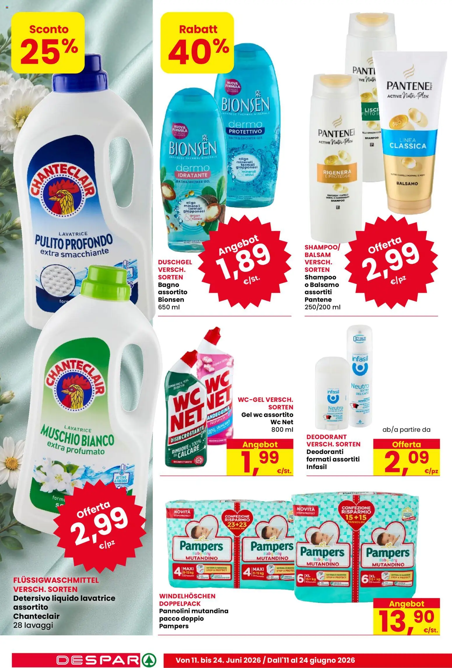Volantino Despar del 11.06.2026 | Pagina: 14 | Prodotti: Shampoo, Balsamo, Pampers, Bagno