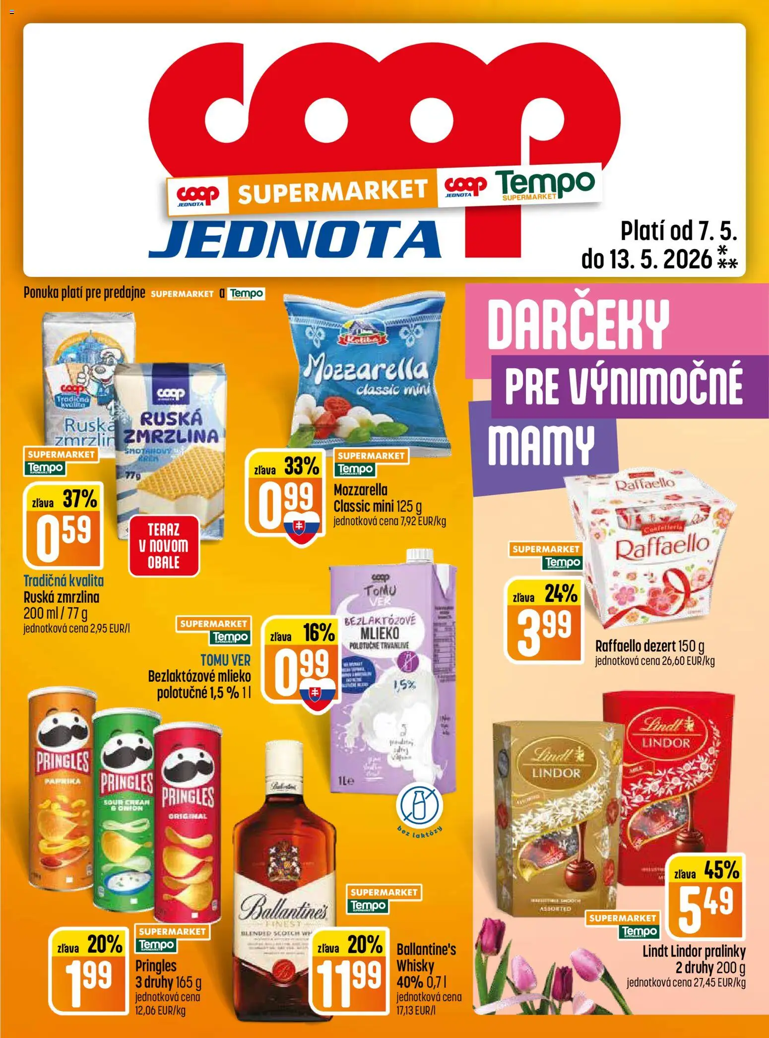 Nové COOP Jednota akcie – leták je platný od 07.05.2026 | Strana: 13 | Produkty: Lindor, Lindt, Zmrzlina, Pringles