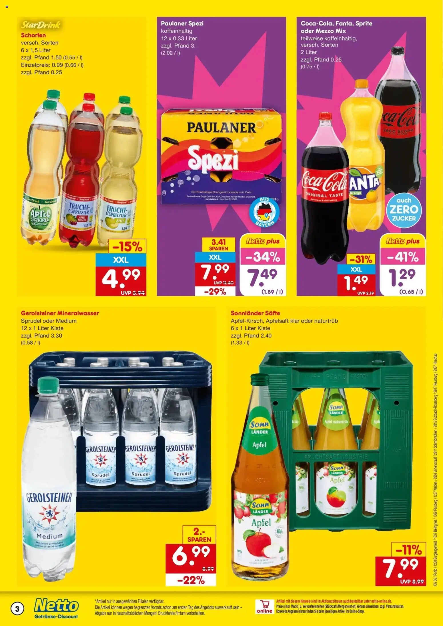 Netto Marken-Discount Prospekt Parsberg (ab 31.08.2026) » Angebote | Seite: 3 | Produkte: Paulaner spezi, Apfelsaft, Mineralwasser, Gerolsteiner