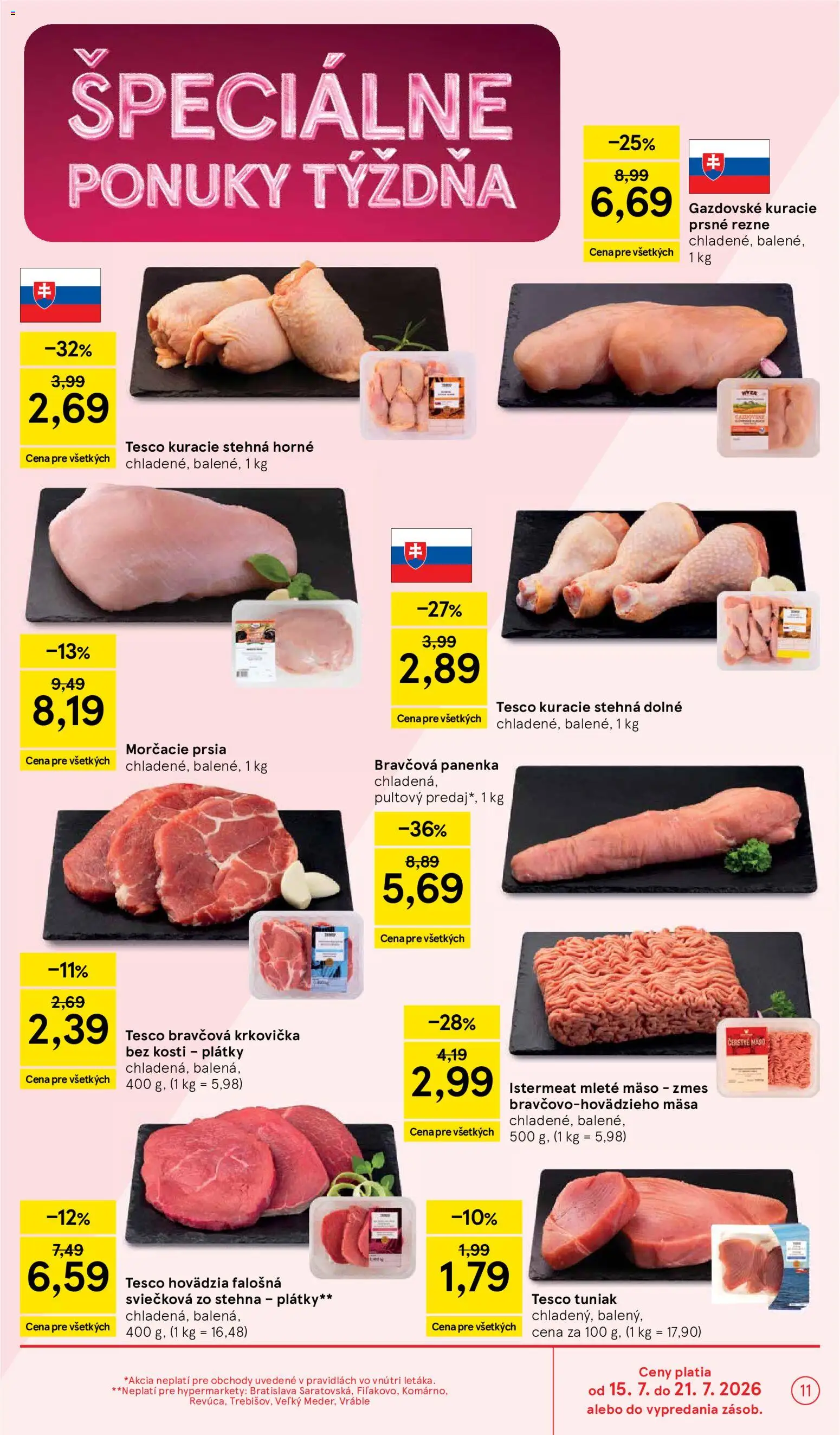 Nové Tesco akcie – leták je platný od 15.07.2026 | Strana: 11 | Produkty: Falošná sviečková, Bravčová krkovička, Krkovička, Stehná