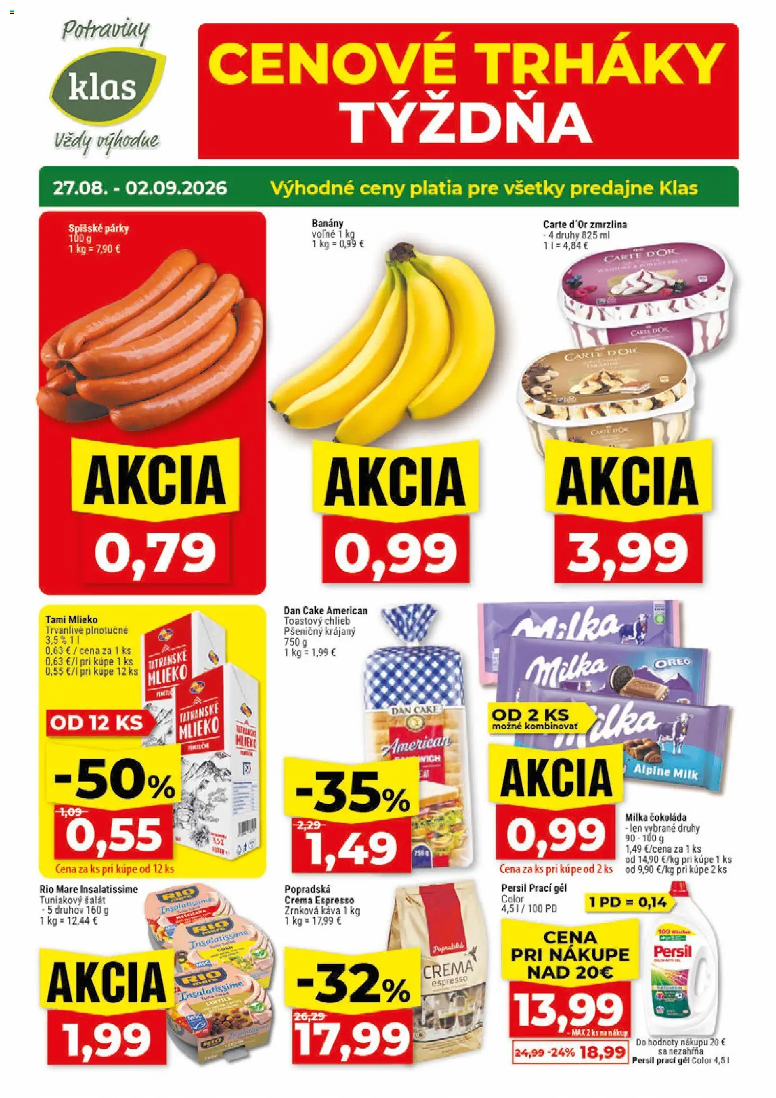 Nové Klas akcie – leták je platný od 27.08.2026 | Strana: 1 | Produkty: Chlieb, Toastový chlieb, Šalát, Milka