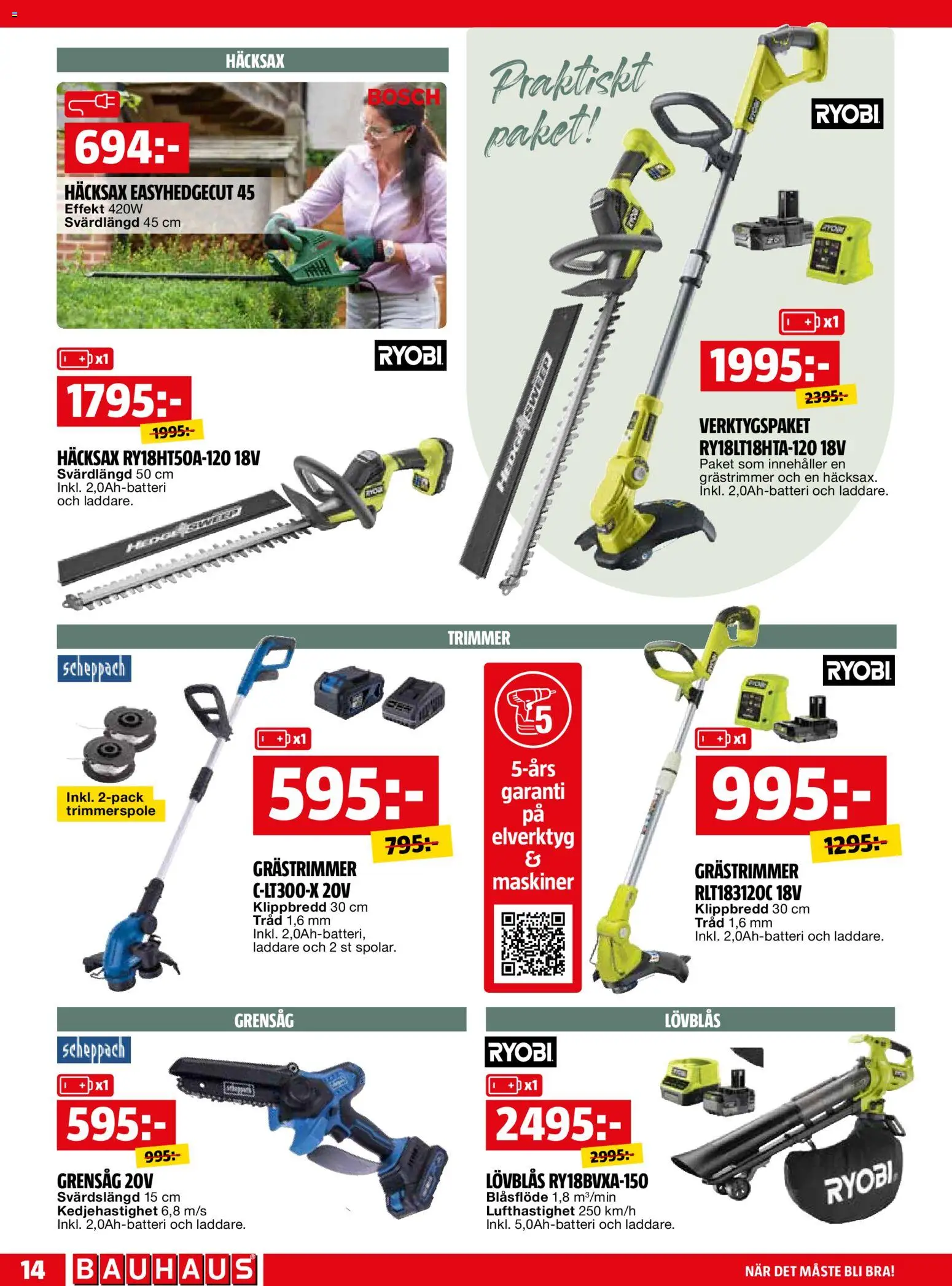 Bauhaus reklamblad aktuell från 01.06.2026 | Sida: 14 | Produkter: Trimmer, Grästrimmer, Grensåg, Laddare