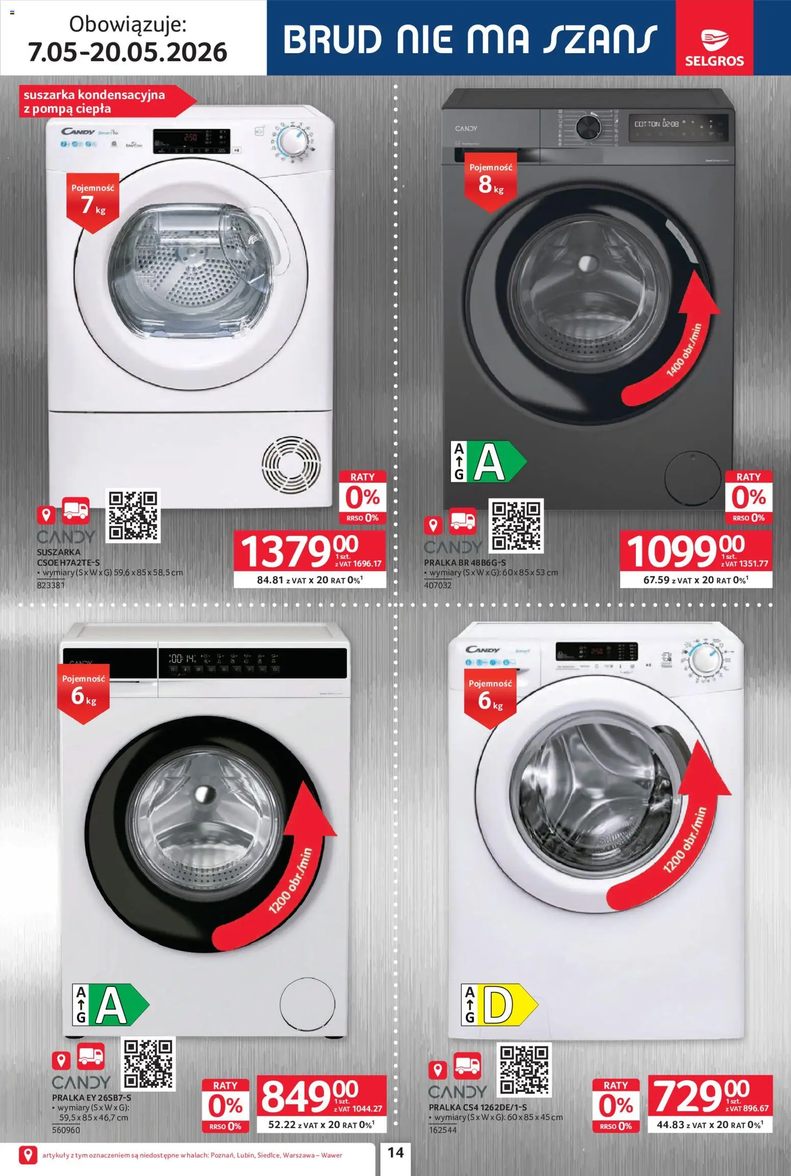 Selgros cash&carry gazetka - Elektro AGD od 07.05.2026 | Strona: 14 | Produkty: Pralka, Suszarka