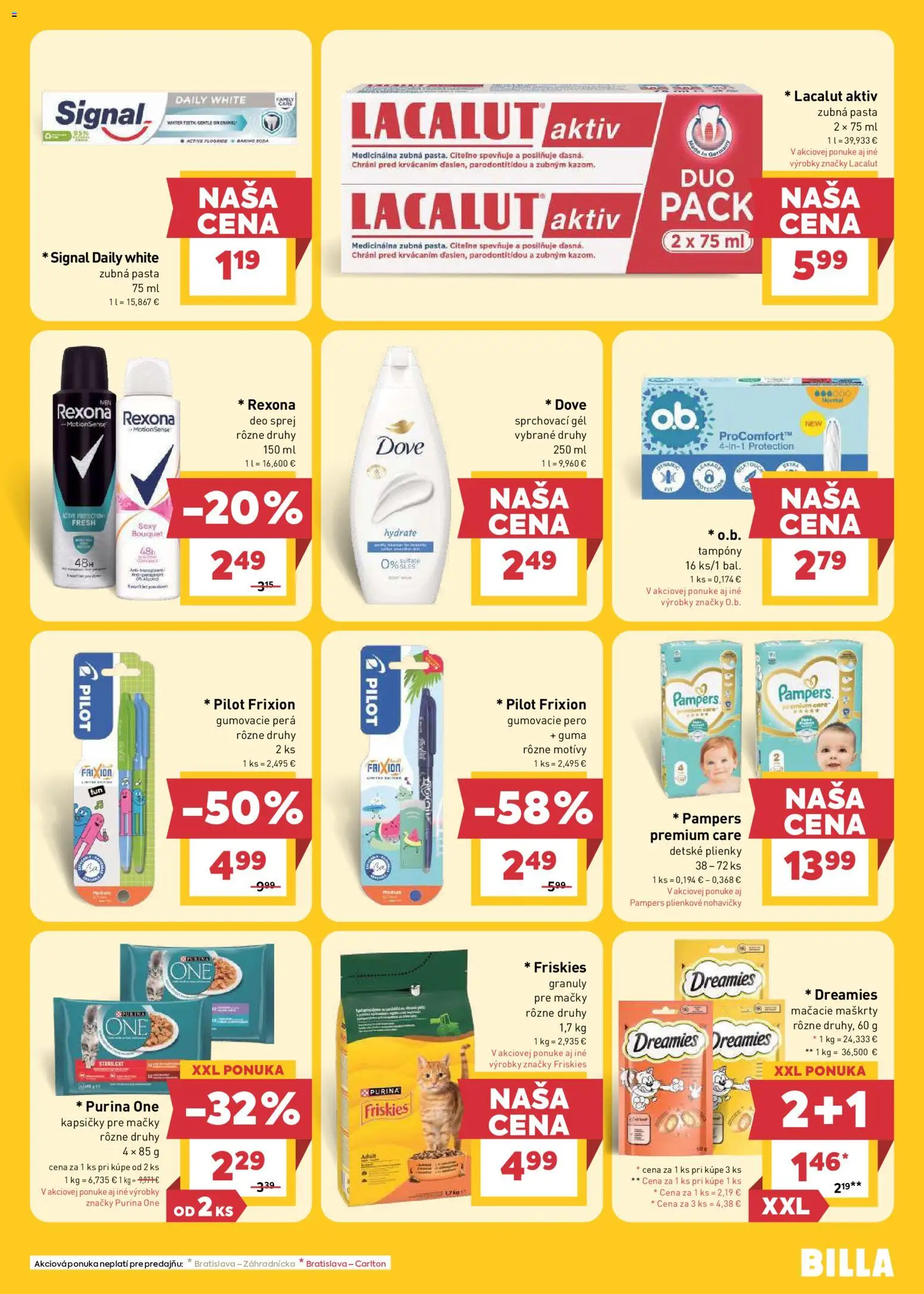 Nové Billa akcie – leták je platný od 29.07.2026 | Strana: 23 | Produkty: Pampers Premium Care, Pero, Kapsičky pre mačky, Pampers