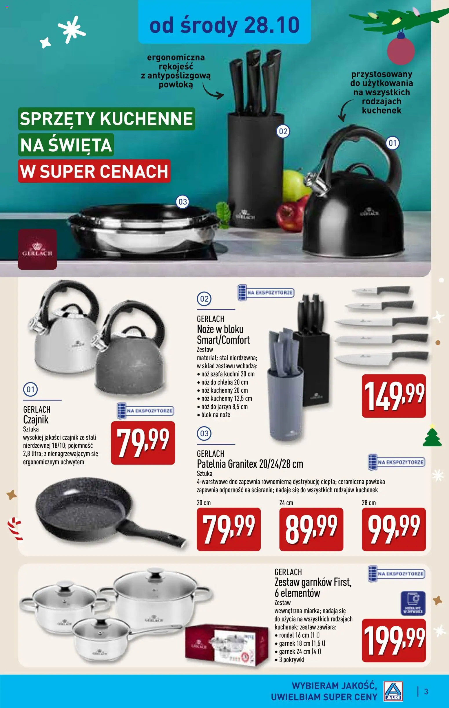 Aldi gazetka - Katalog prezentowy od 28.10.2026 | Strona: 3 | Produkty: Noże, Czajnik, Garnek, Patelnia