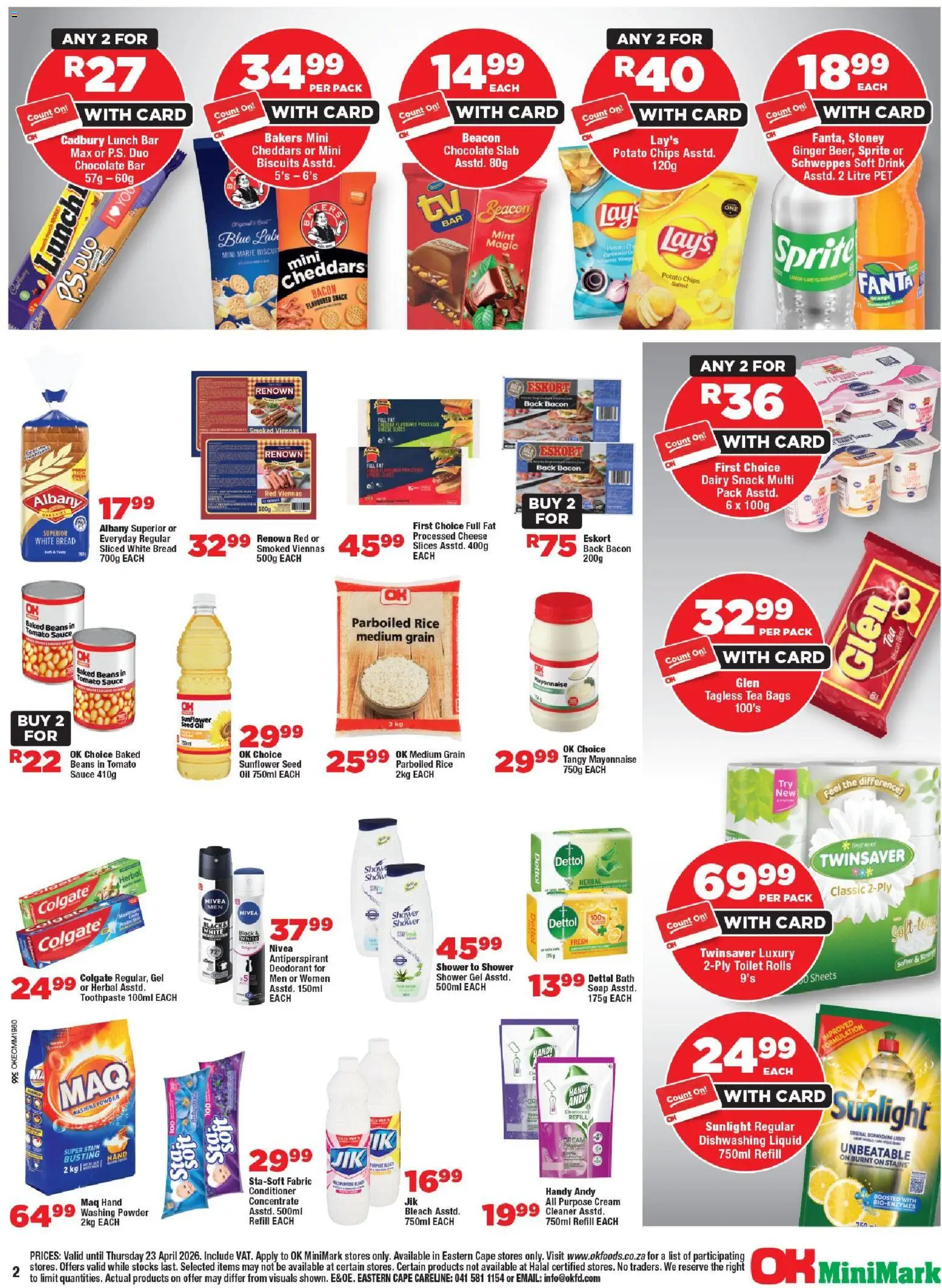 New OK Foods catalogue – valid from 15.04.2026 | Page: 2 | Products: Bread, Rice, Shower gel, Washing powder