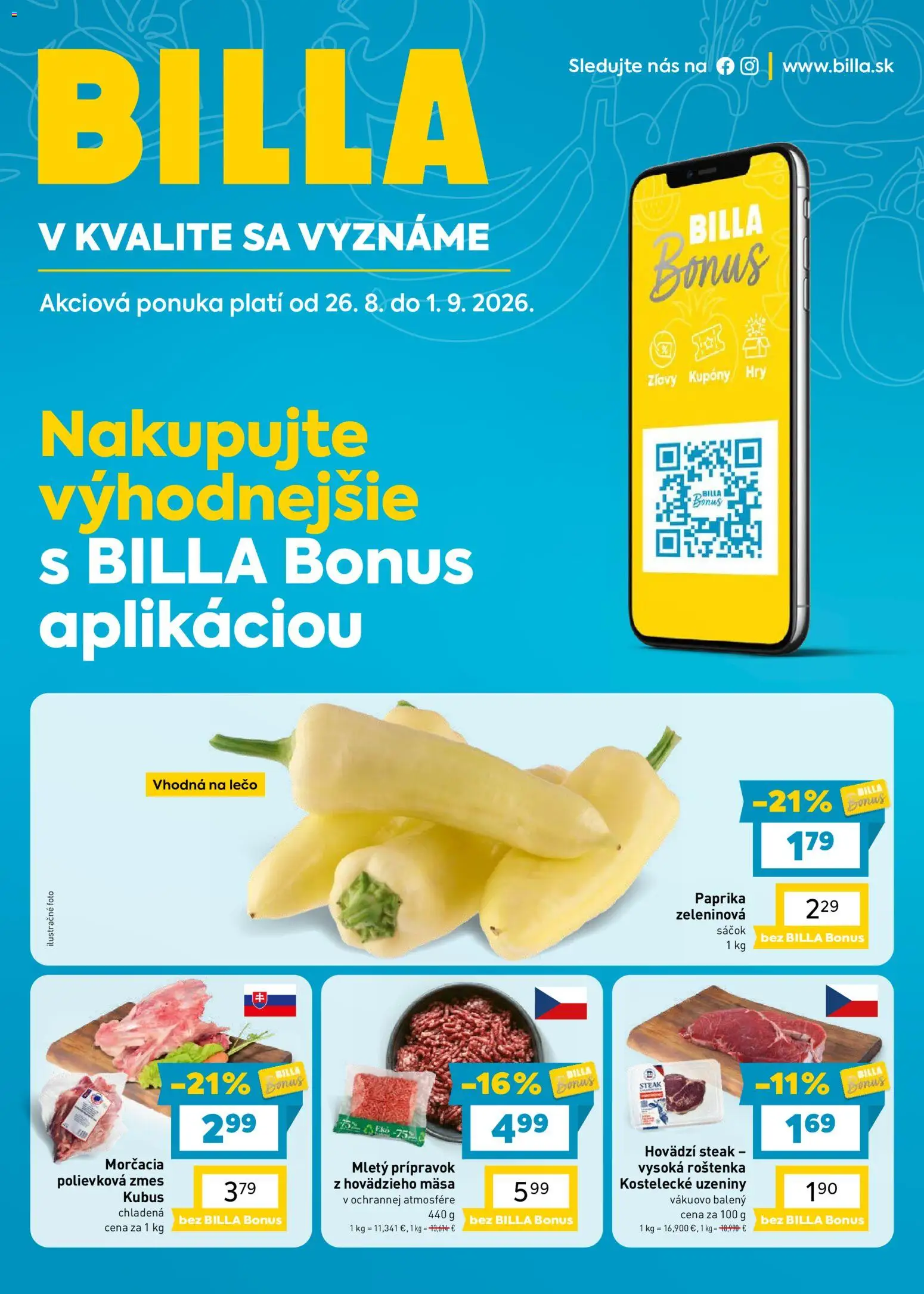 Nové Billa akcie – leták je platný od 26.08.2026 | Strana: 1 | Produkty: Paprika, Steak, Roštenka