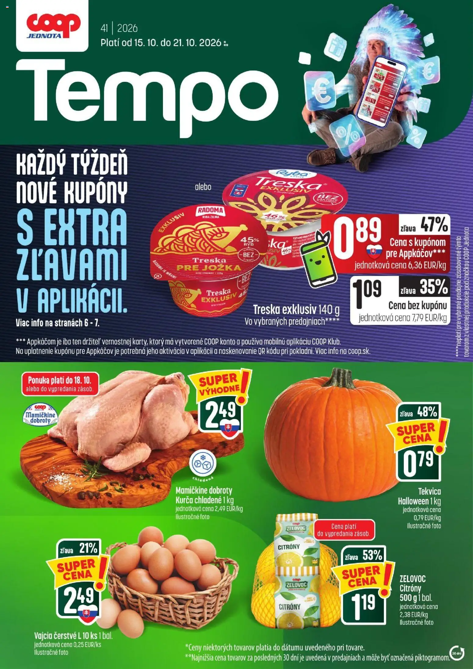 Nové COOP Jednota akcie – leták je platný od 15.10.2026 | Strana: 1 | Produkty: Vajcia, Citróny, Kurča, Tekvica