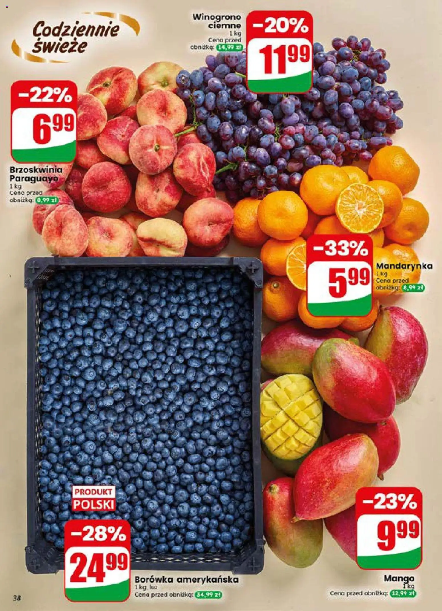 Dino gazetka od 15.07.2026 | Strona: 38 | Produkty: Mango, Brzoskwinia, Winogrono, Borówka amerykańska
