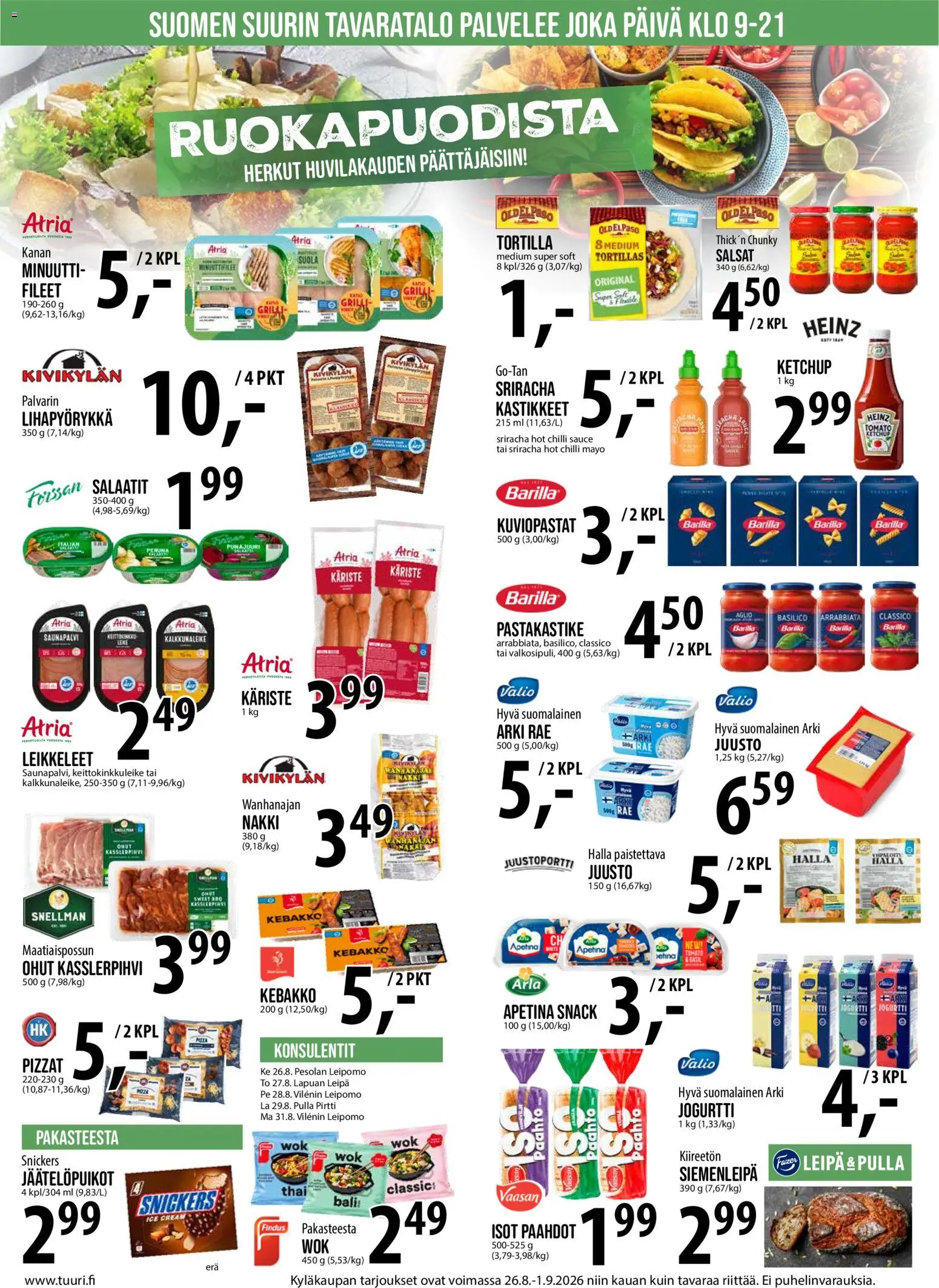 Tuuri tarjoukset – voimassa 26/08/2026 alkaen | Sivu: 6 | Tuotteet: Grilli, Pastakastike, Tortilla, Pulla