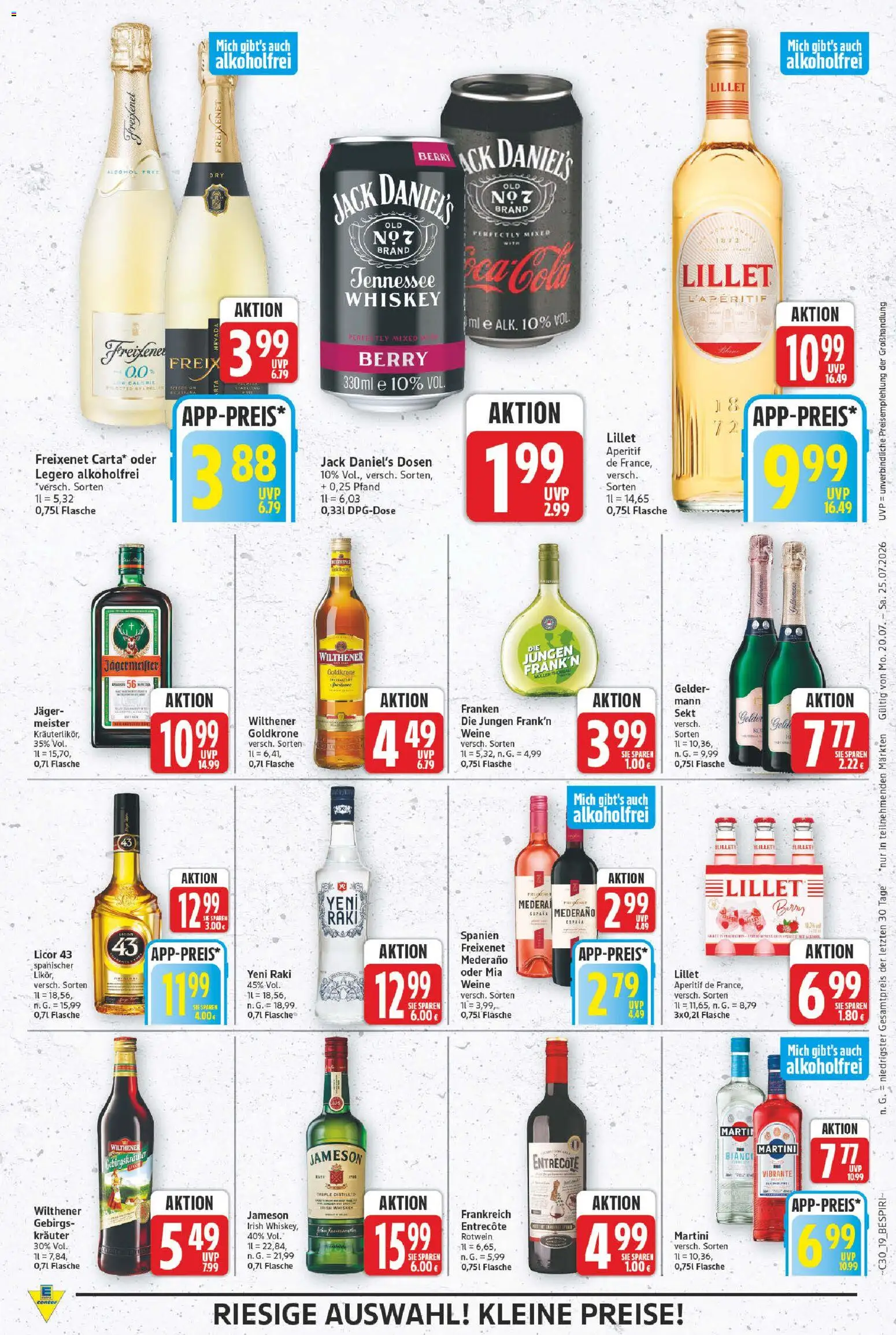E center Prospekt – gültig ab 20.07.2026 | Seite: 20 | Produkte: Freixenet mederano, Jack Daniel's, Jameson, Lillet