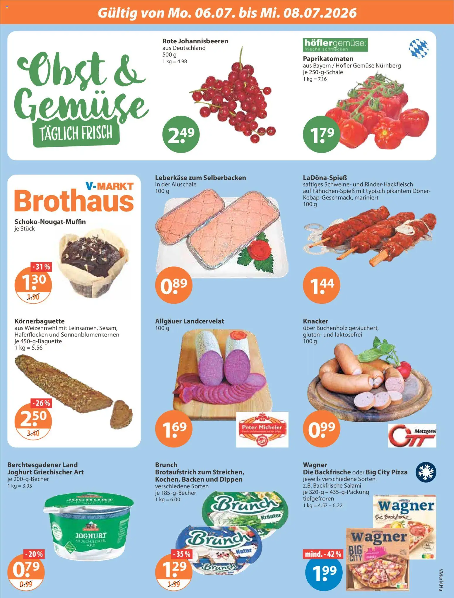 V-Markt Angebote ab Montag – gültig ab 06.07.2026 | Seite: 2 | Produkte: Joghurt, Obst, Salami, Leberkase