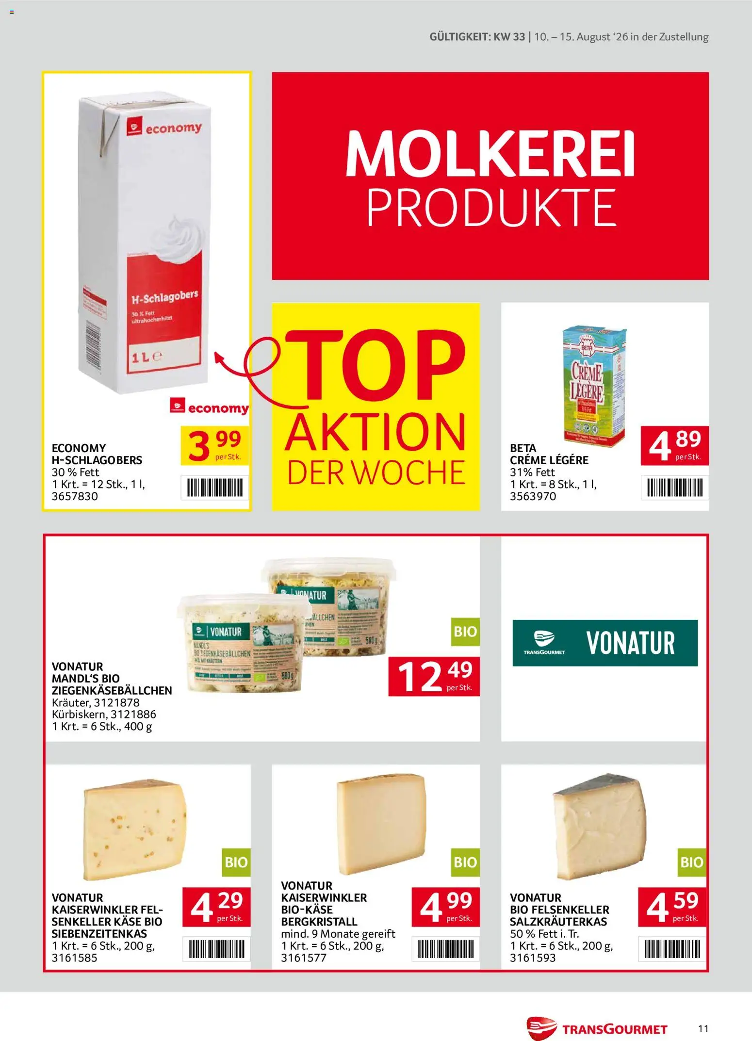Transgourmet Zustellaktion gültig ab 10.08.2026 | Seite: 11 | Produkte: Käse, Creme