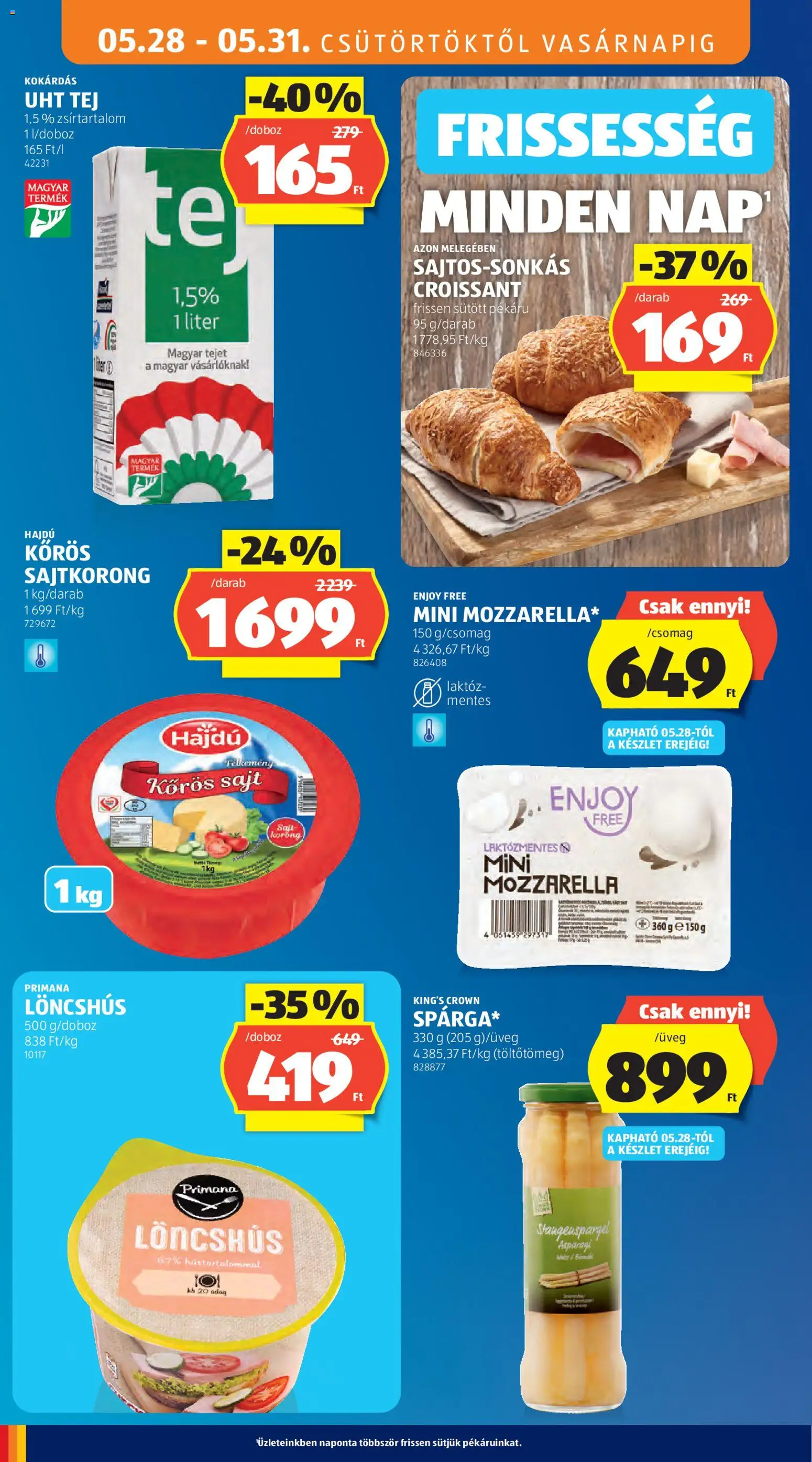 Aldi akciós ujság - amely érvényes a következő dátumtól: 28.05.2026 | Oldal: 14 | Termékek: Croissant, Doboz, Tej, Sajt
