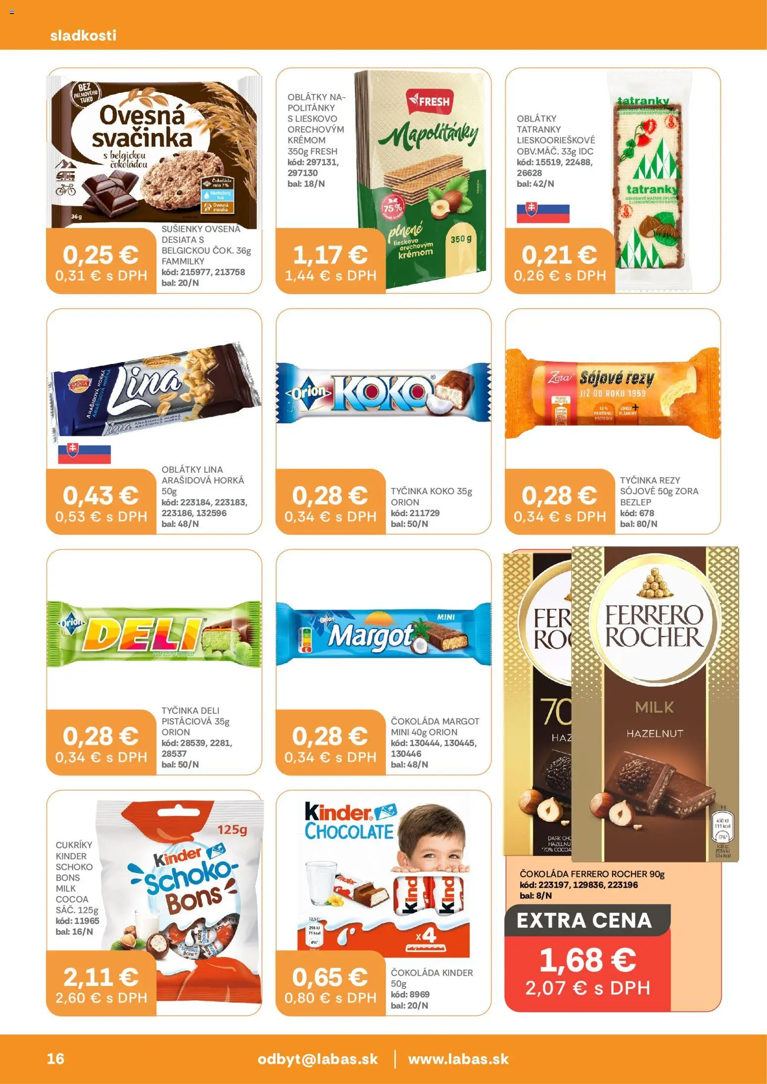 Nové Labaš akcie – leták je platný od 25.08.2026 | Strana: 16 | Produkty: Sušienky, Kinder, Čokoláda, Ferrero Rocher