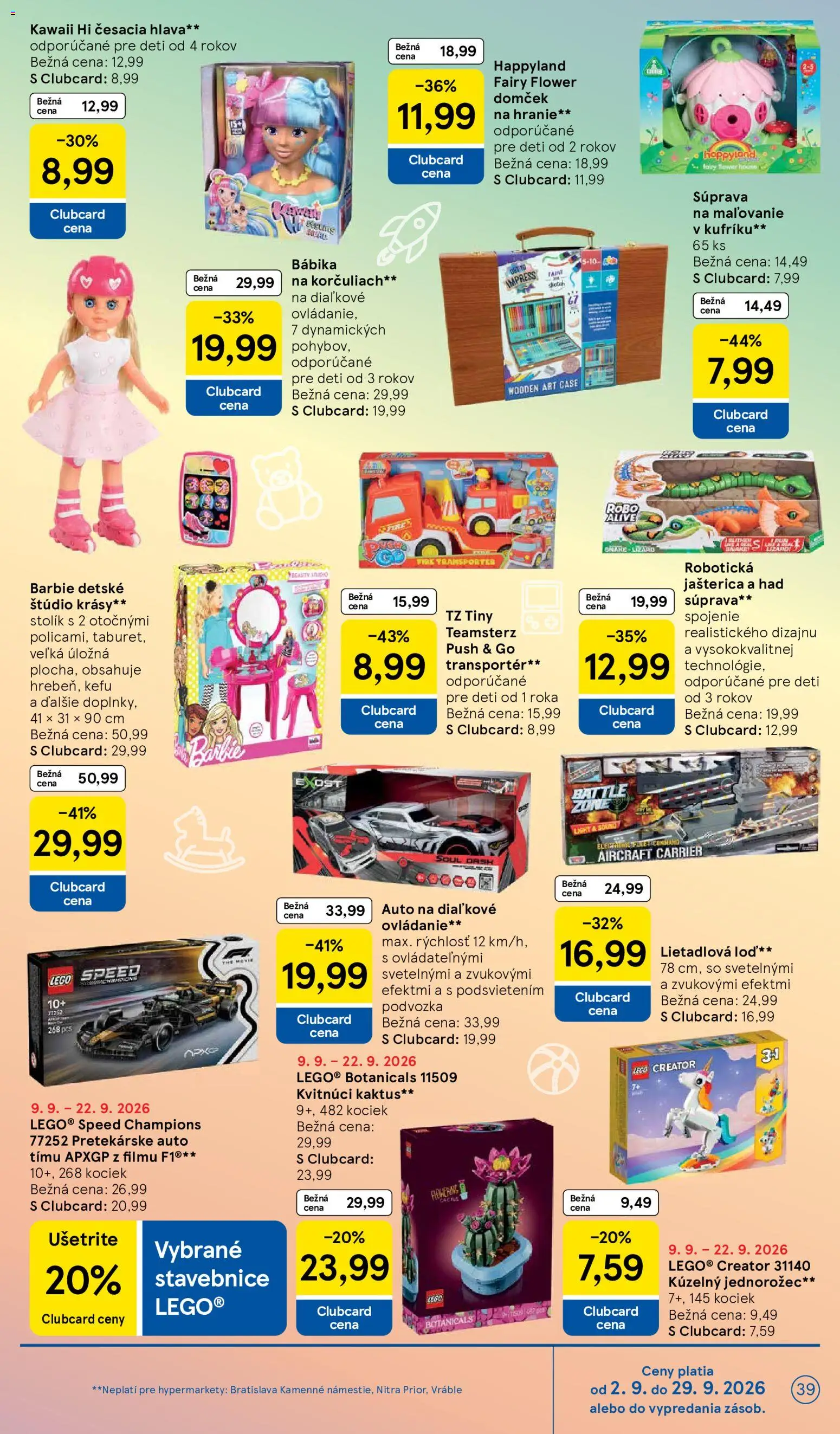 Nové Tesco akcie – leták je platný od 09.09.2026 | Strana: 39 | Produkty: Stolík, LEGO, Bábika