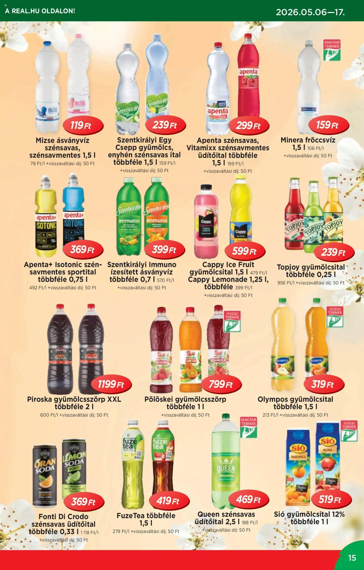 Reál akciós ujság - amely érvényes a következő dátumtól: 06.05.2026 | Oldal: 15 | Termékek: Málna, Gyümölcsital, Ásványvíz, Alma