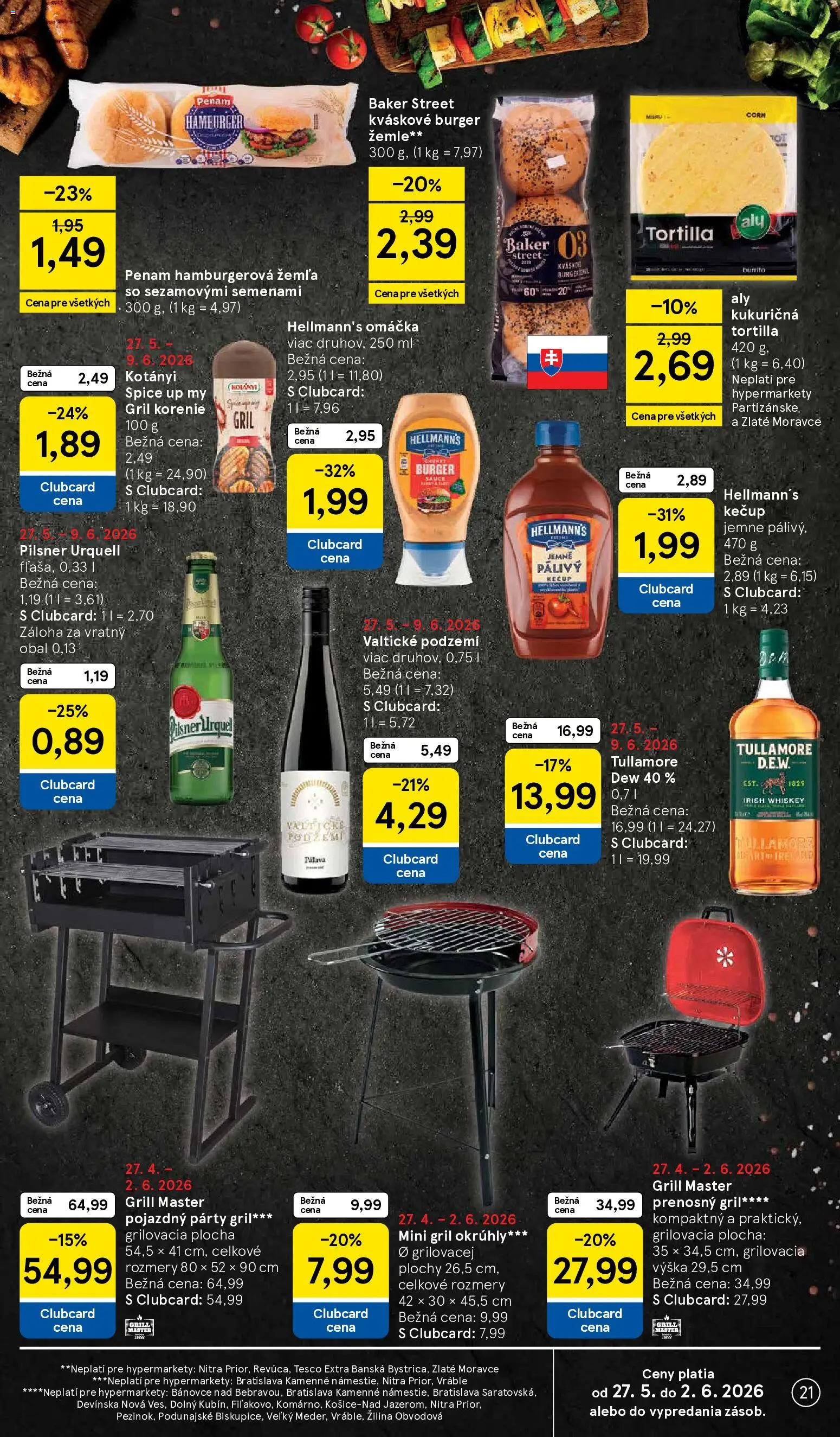 Nové Tesco akcie – leták je platný od 27.05.2026 | Strana: 21 | Produkty: Gril, Pilsner Urquell, Kečup, Tullamore Dew