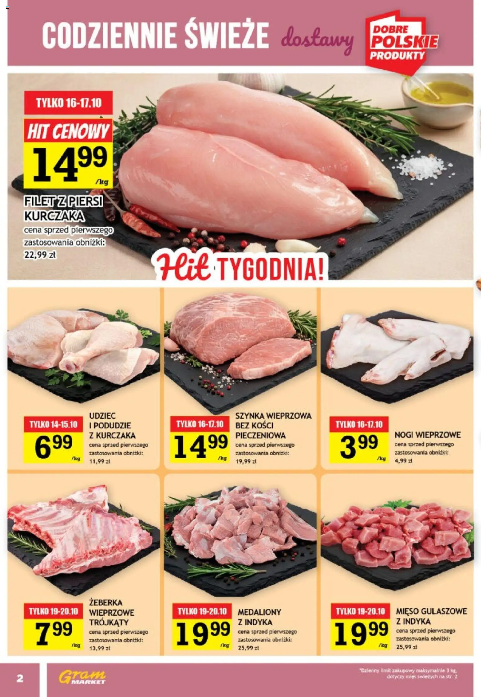 Gram Market gazetka od 14.10.2026 | Strona: 2 | Produkty: Żeberka, Piersi, Szynka wieprzowa, Filet