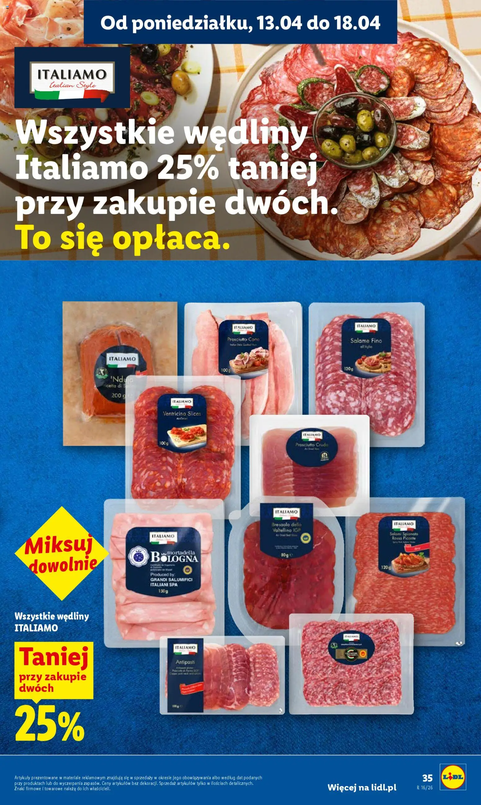 Lidl gazetka od 13.04.2026 | Strona: 35 | Produkty: Prosciutto, Salami, Wędliny