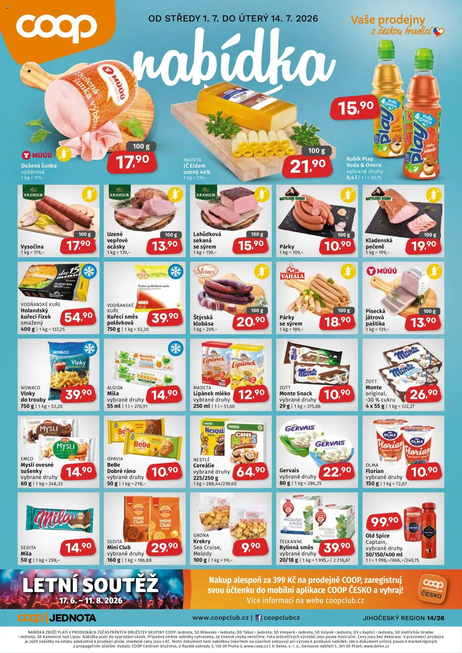 Coop leták - Jihočeský region od 01.07.2026 | Strana: 1 | Produkty: Šunka, Kuře, Mila, Paštika