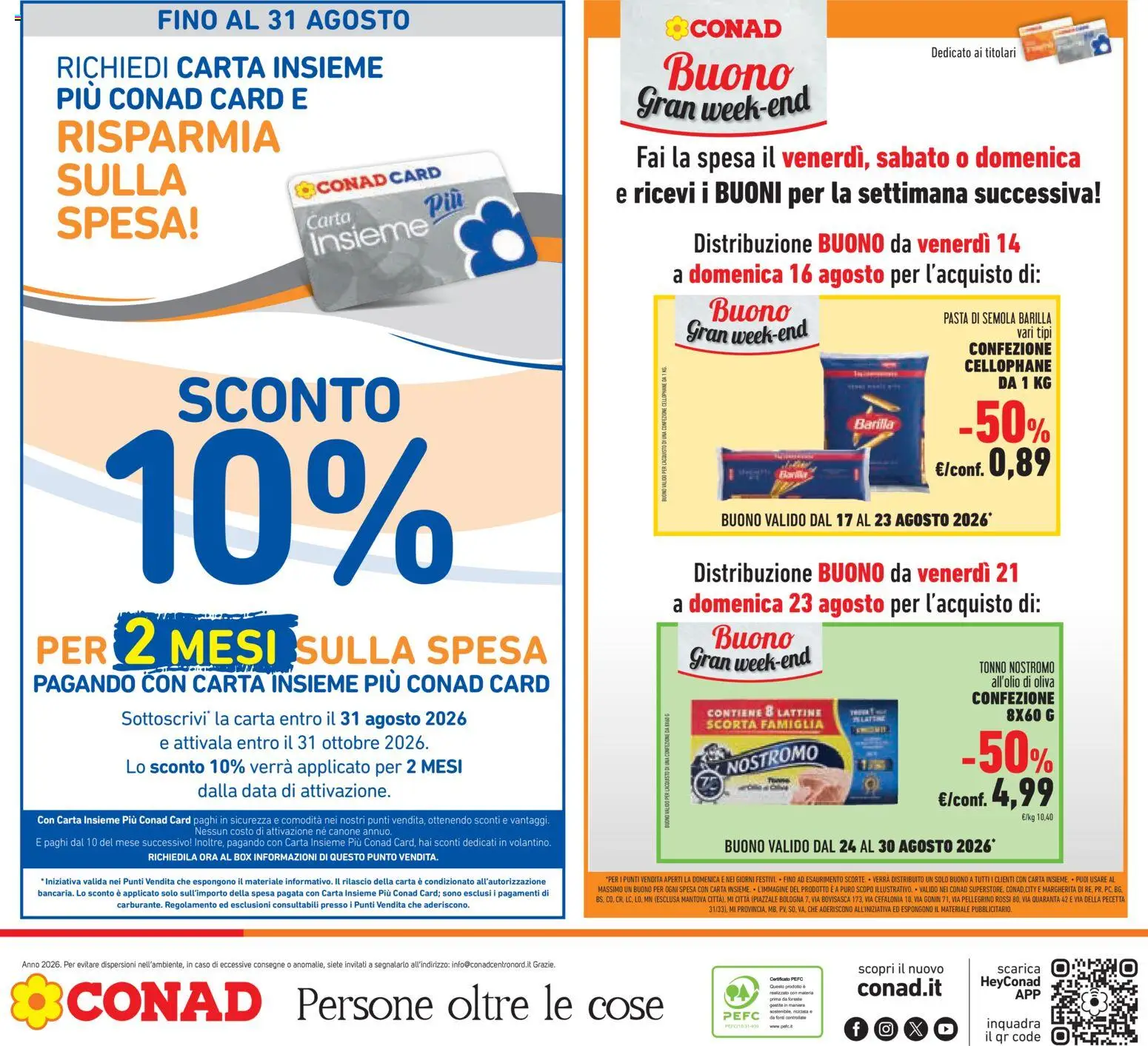 Volantino Conad del 12/08/2026 | Pagina: 42 | Prodotti: Pasta di semola, Barilla, Tonno, Semola