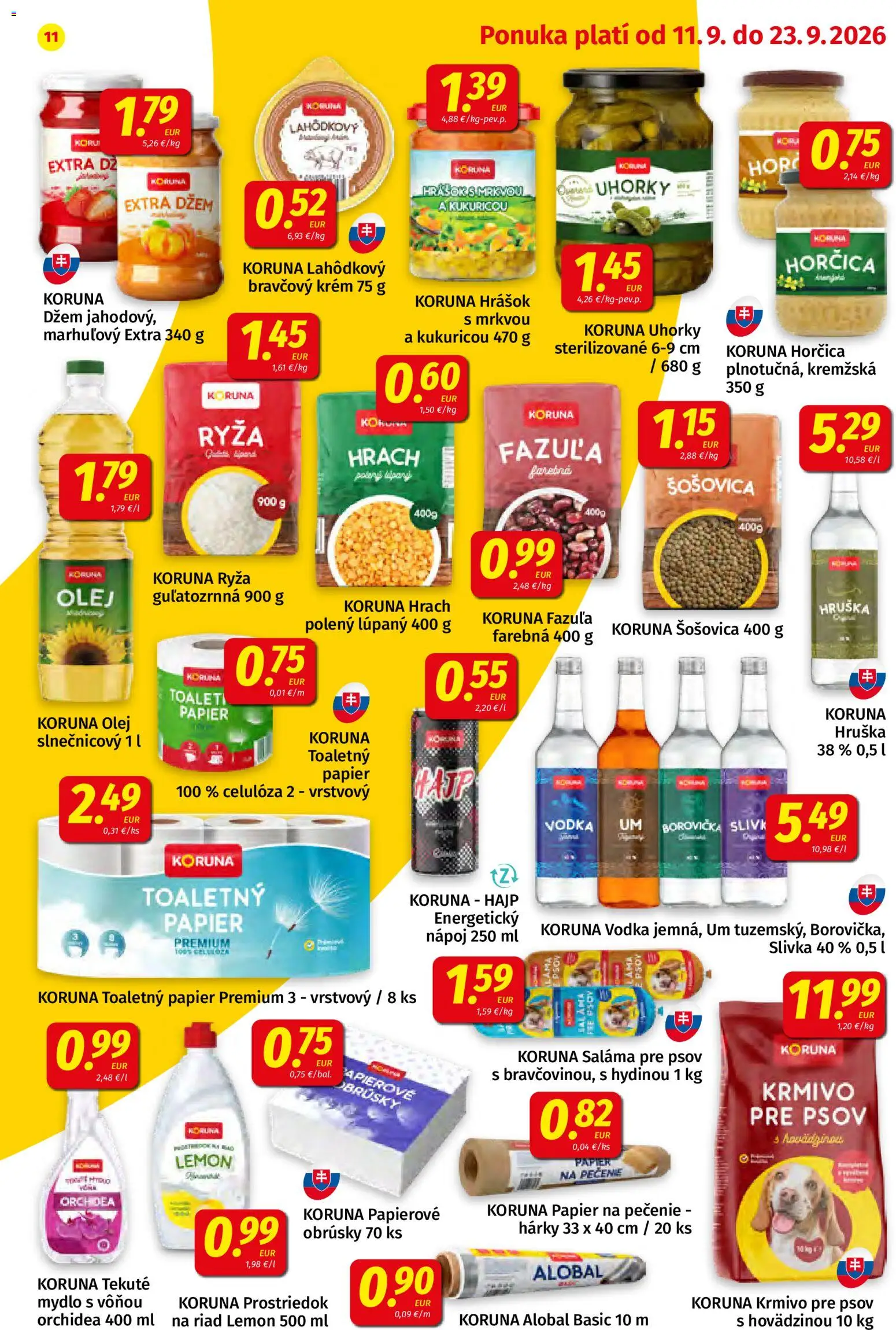Nové Koruna akcie – leták je platný od 11.09.2026 | Strana: 11 | Produkty: Džem, Borovička, Šošovica, Energetický nápoj
